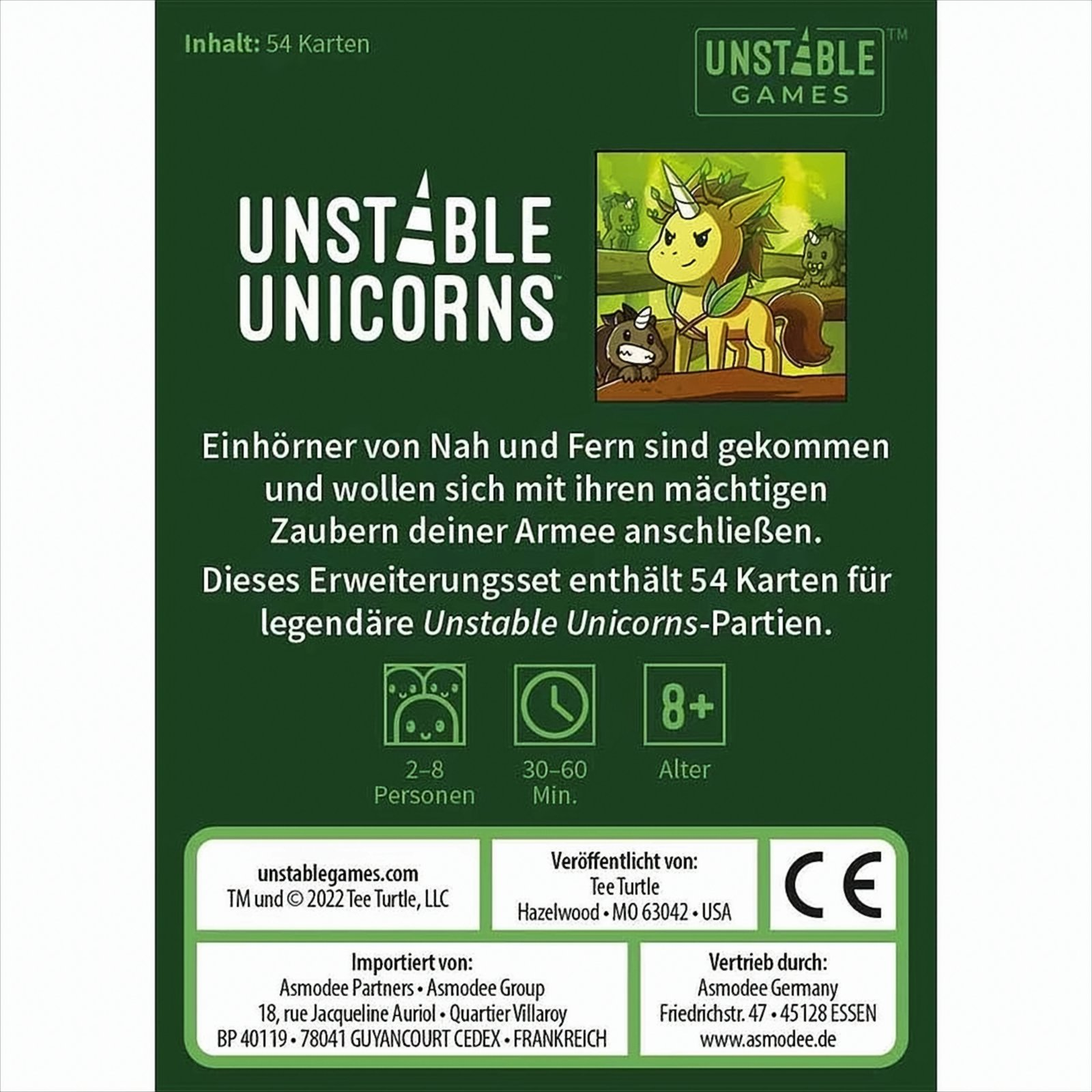 Unstable Unicorns Box. Zeigt Einhörner und Text. Weißer Hintergrund.