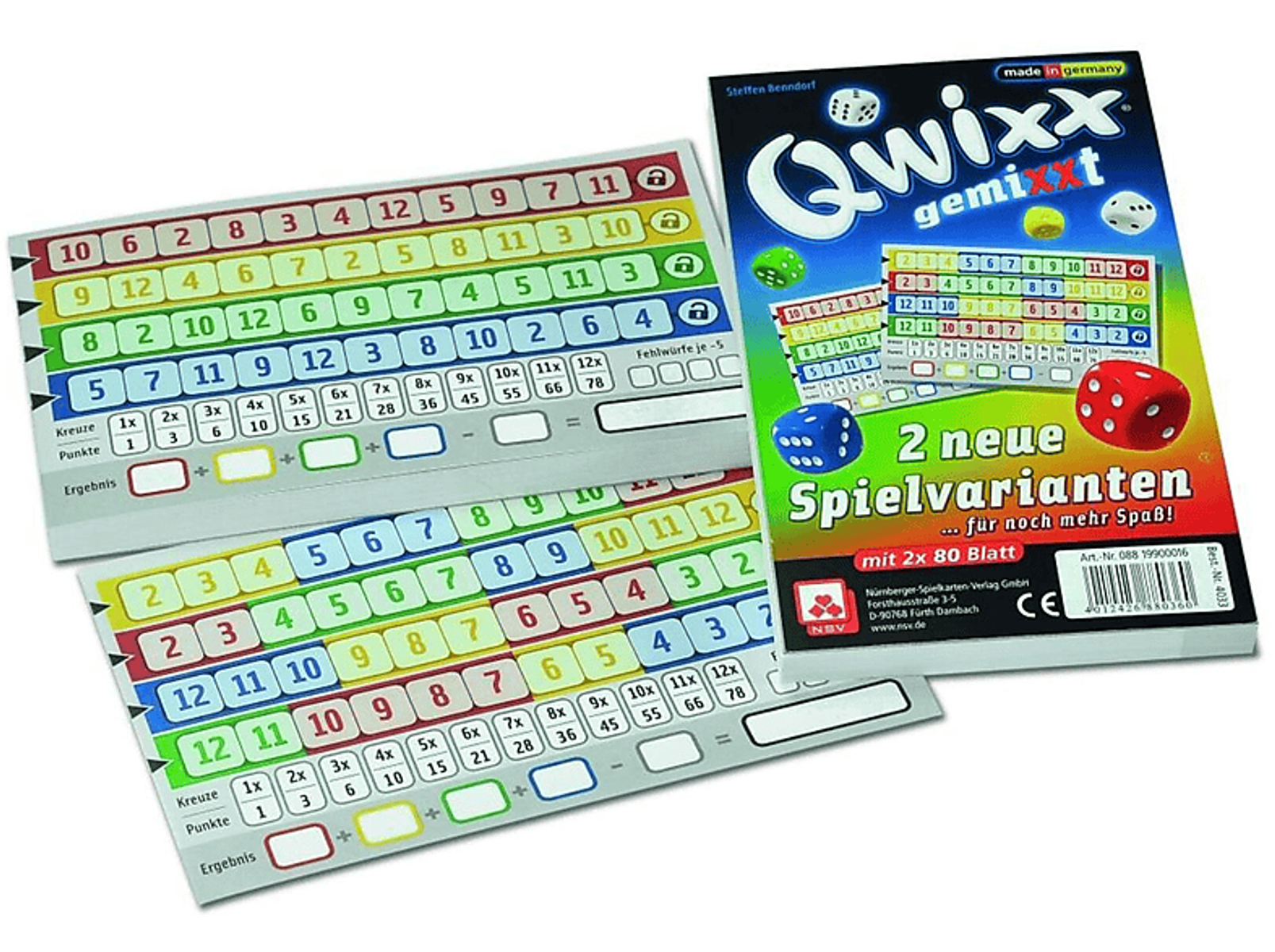 QWIXX-Spielbox und Spielkarten. Karten sind bunt mit Zahlen.