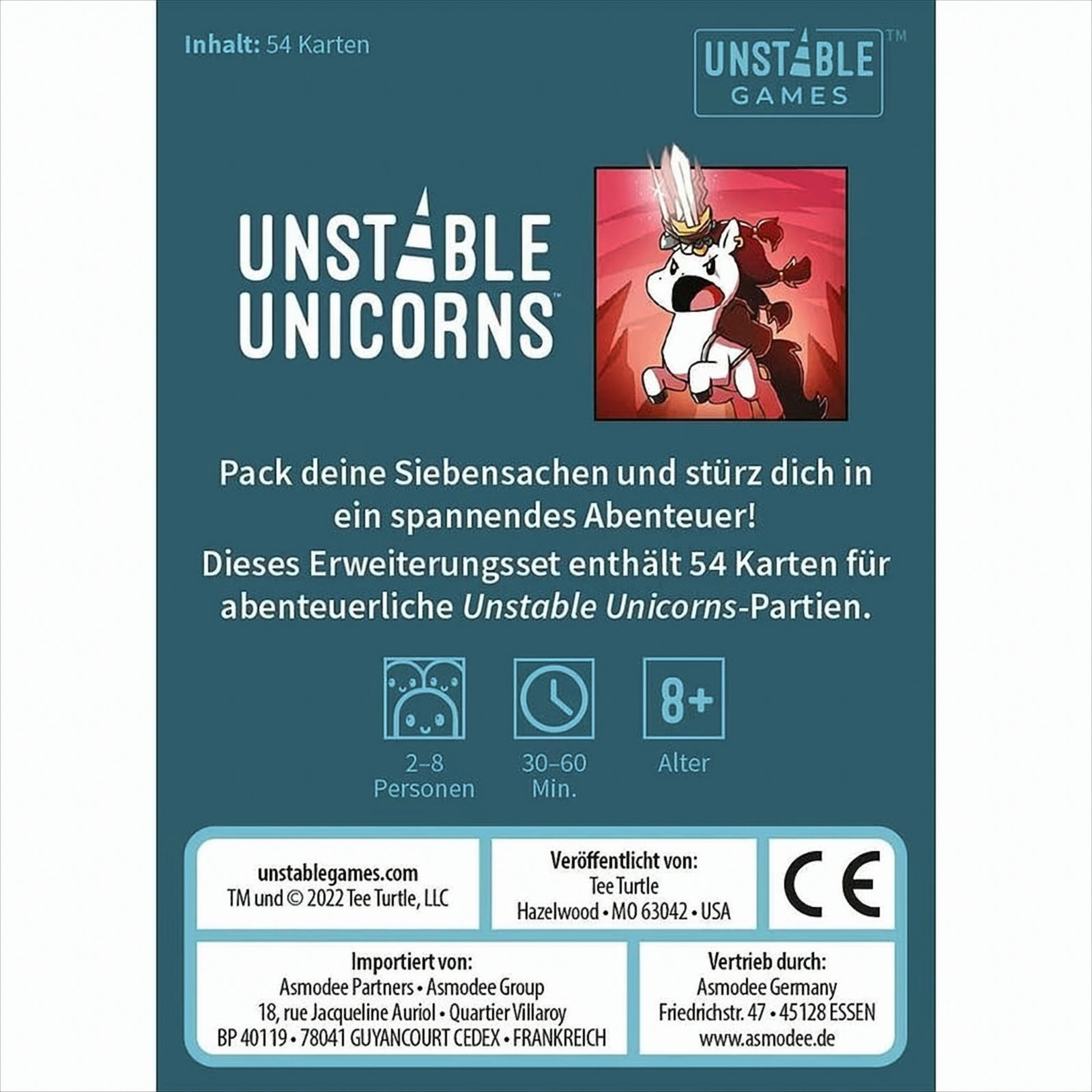Kartenspielbox für Unstable Unicorns. Die Box zeigt ein Einhorn, Text und Logos.