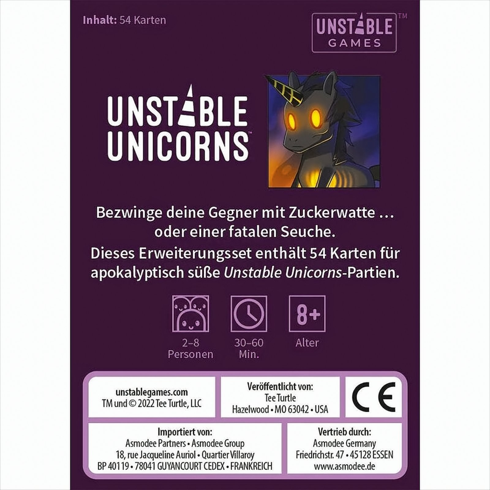 Kartenspielbox, mit einer dämonischen Einhorn-Illustration, Text auf Deutsch und Englisch.