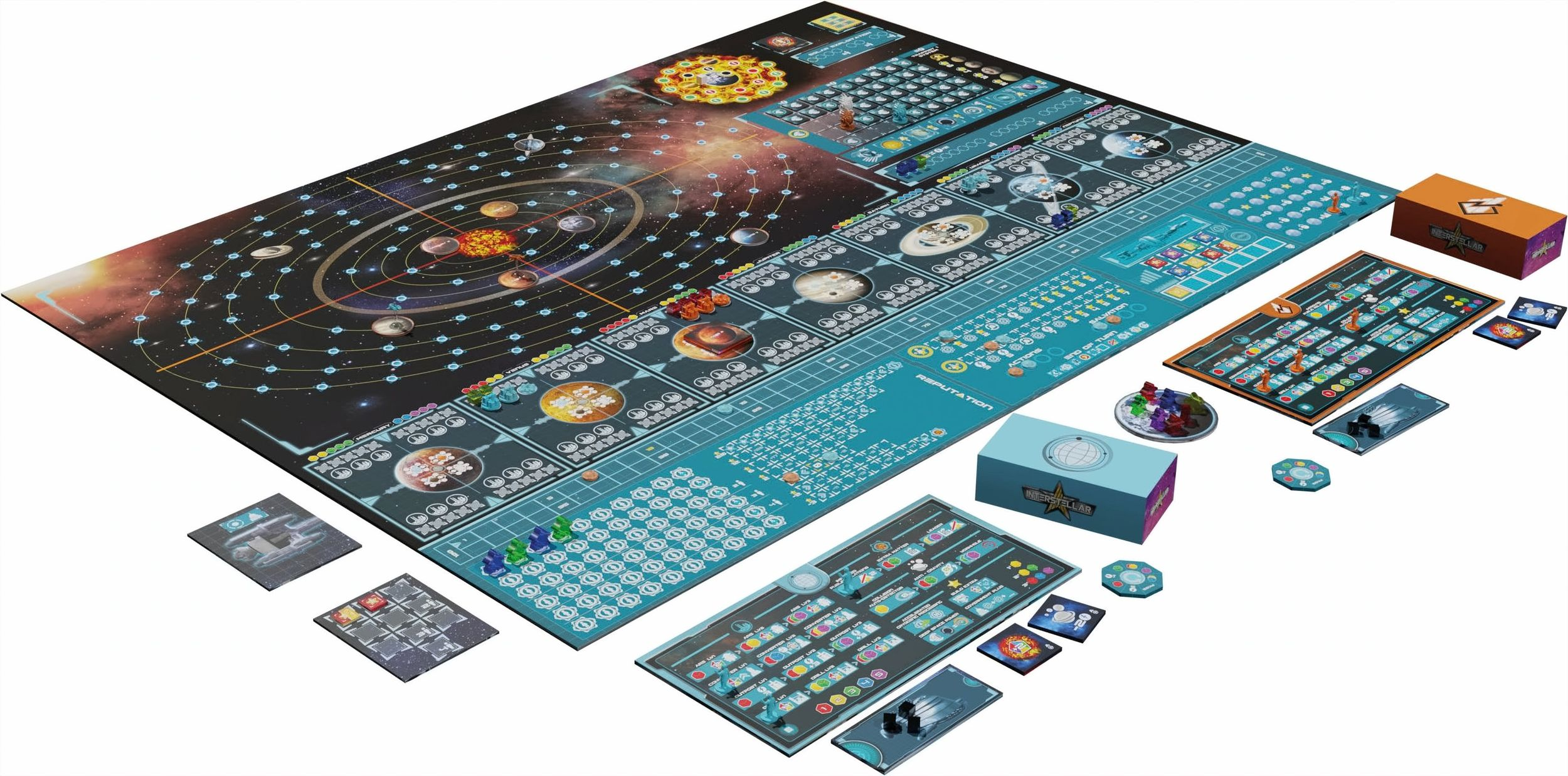 Brettspiel mit verschiedenen Komponenten, einschließlich Brettern, Karten und Spielsteinen.