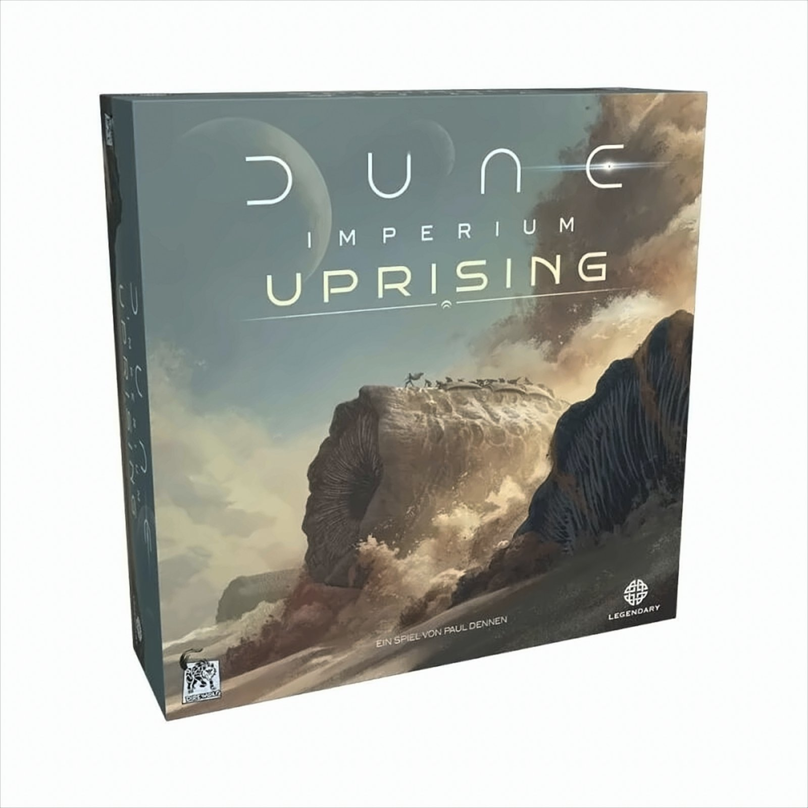 Dune: Imperium Uprising Brettspielbox. Die Box hat eine Wüstenszene mit Figuren.