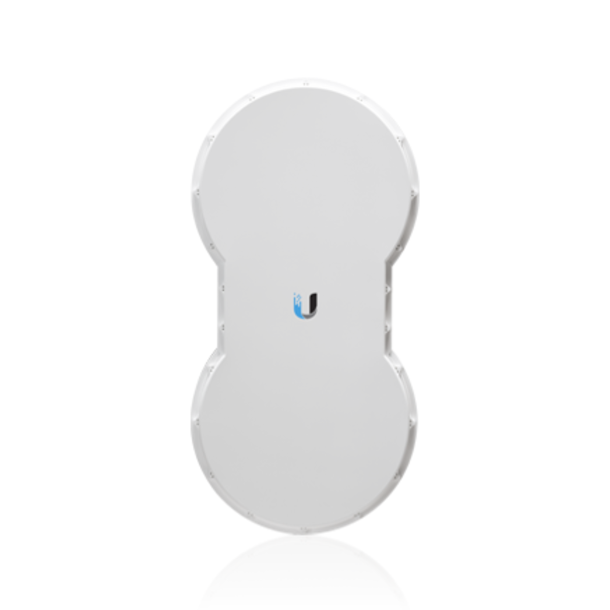 Dispositivo rettangolare bianco con due sezioni grandi e arrotondate. Un piccolo logo blu al centro.