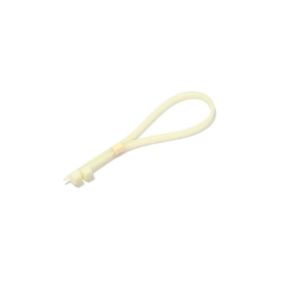 Bladożółte, pętelkowe plastikowe narzędzie z małym, kątowym końcem i małą różową opaską.