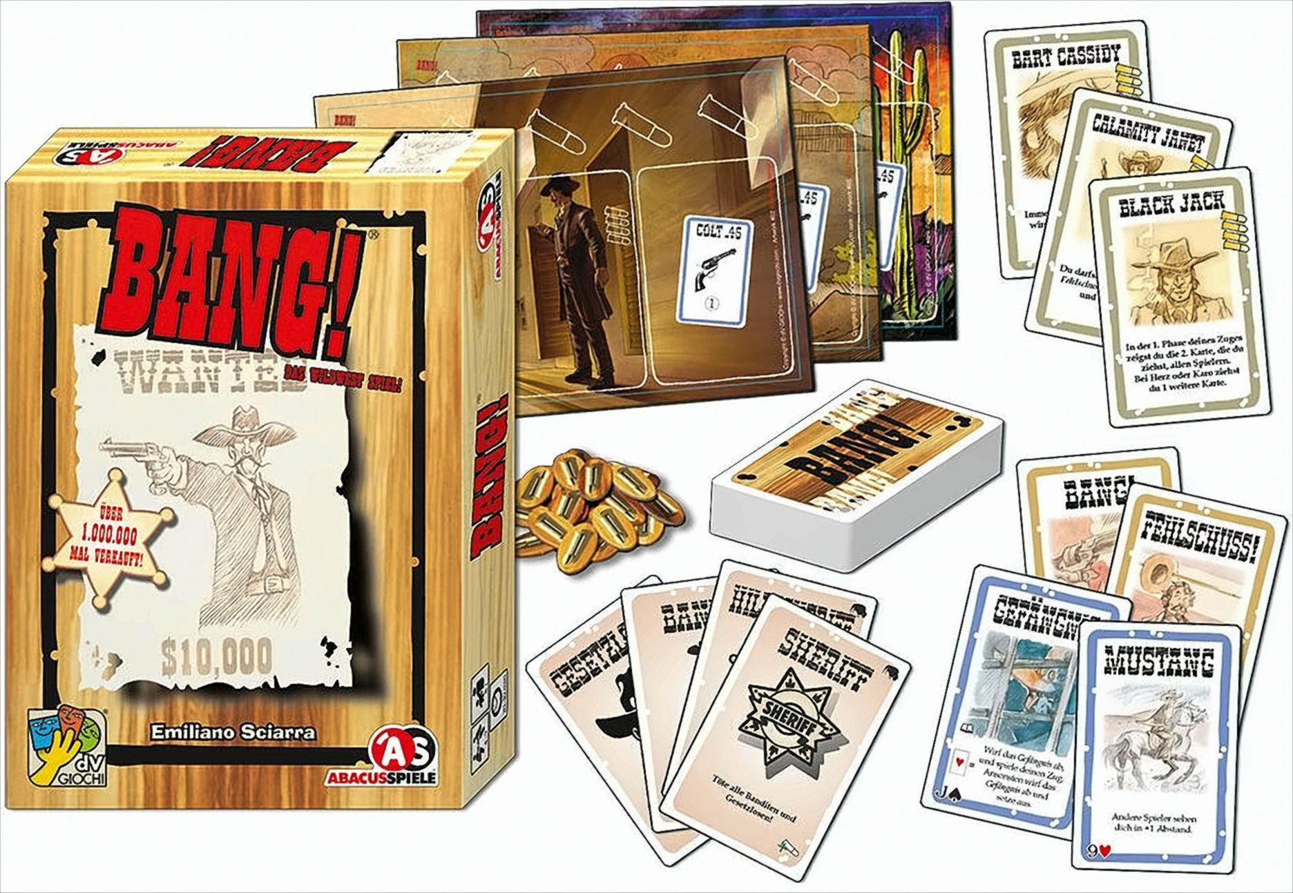 Le jeu de société 'Bang!' avec cartes, dés et pièces d'or exposés.