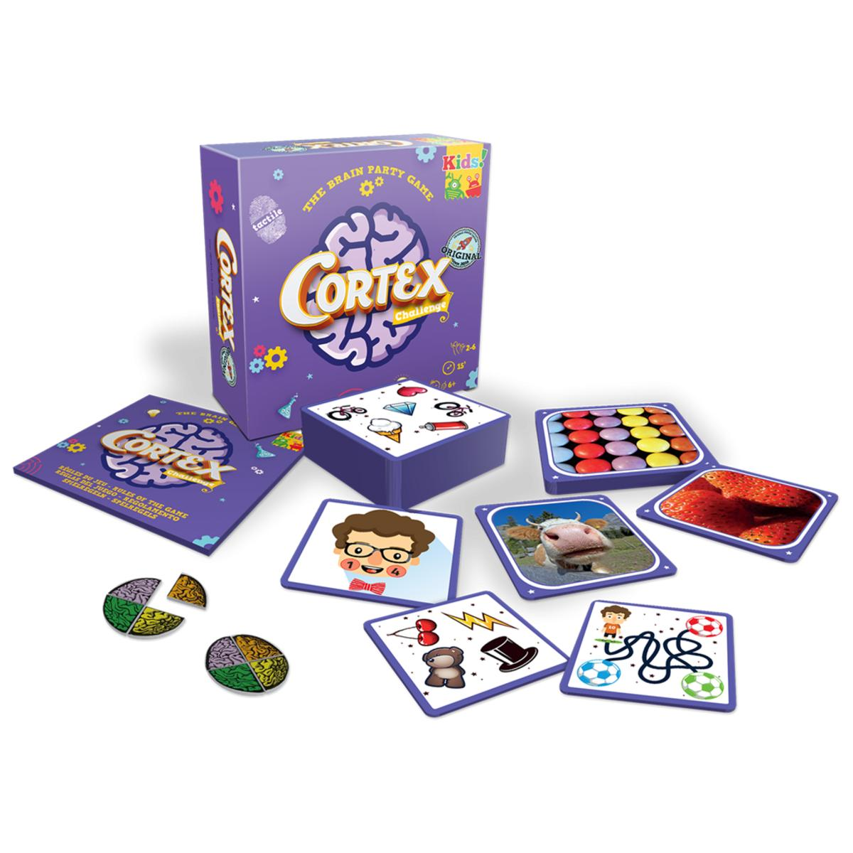 Caja y cartas del juego Cortex con varias imágenes; fondo blanco.
