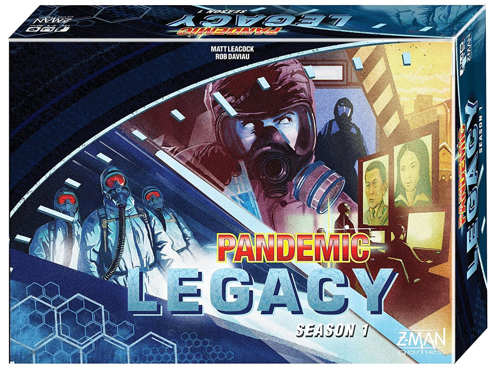 Eine Brettspielschachtel mit dem Titel 'Pandemic Legacy' und Bildern von maskierten Figuren.