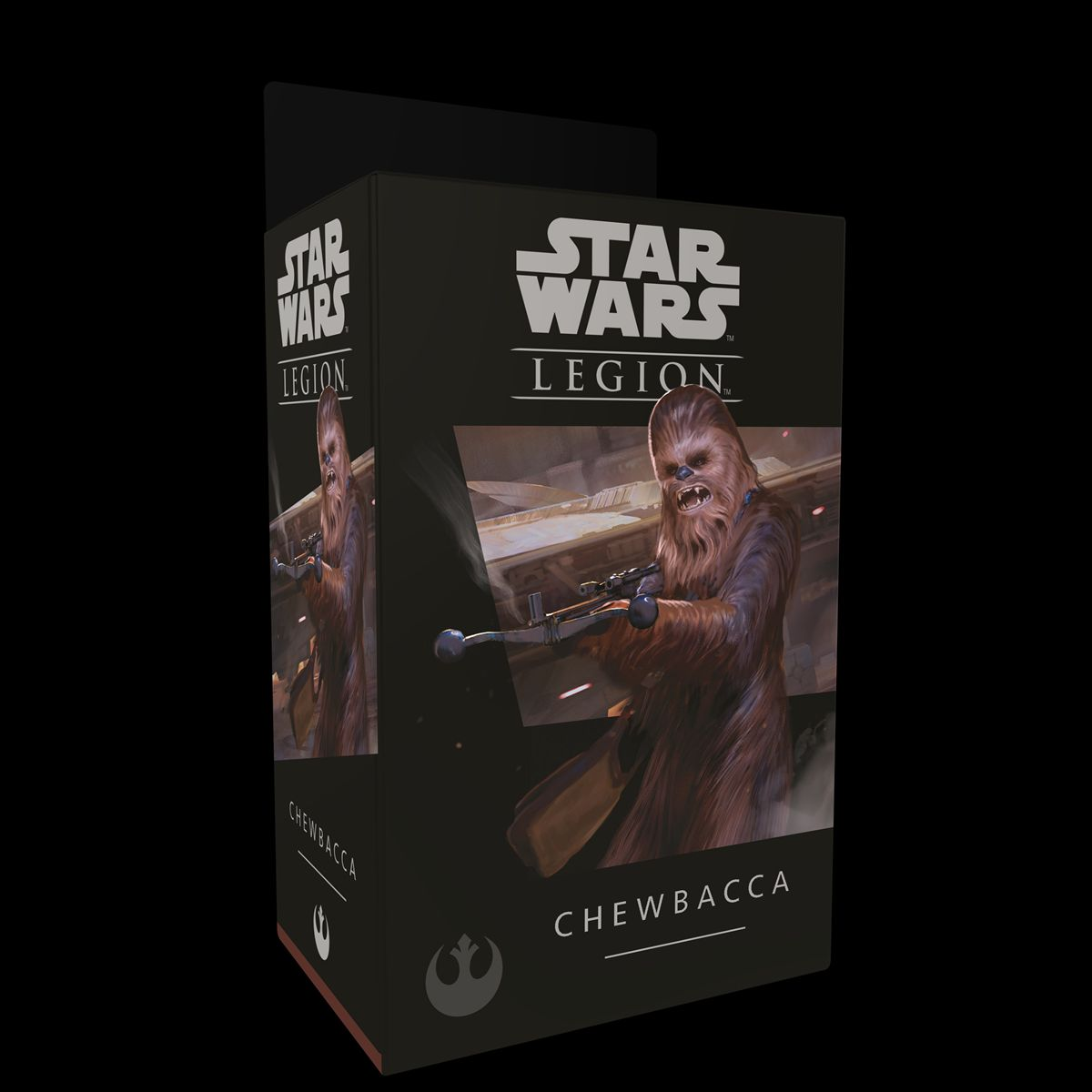 Schwarze Star Wars Box mit Chewbacca-Illustration. Auf der Box steht 'Star Wars Legion' und 'Chewbacca'.