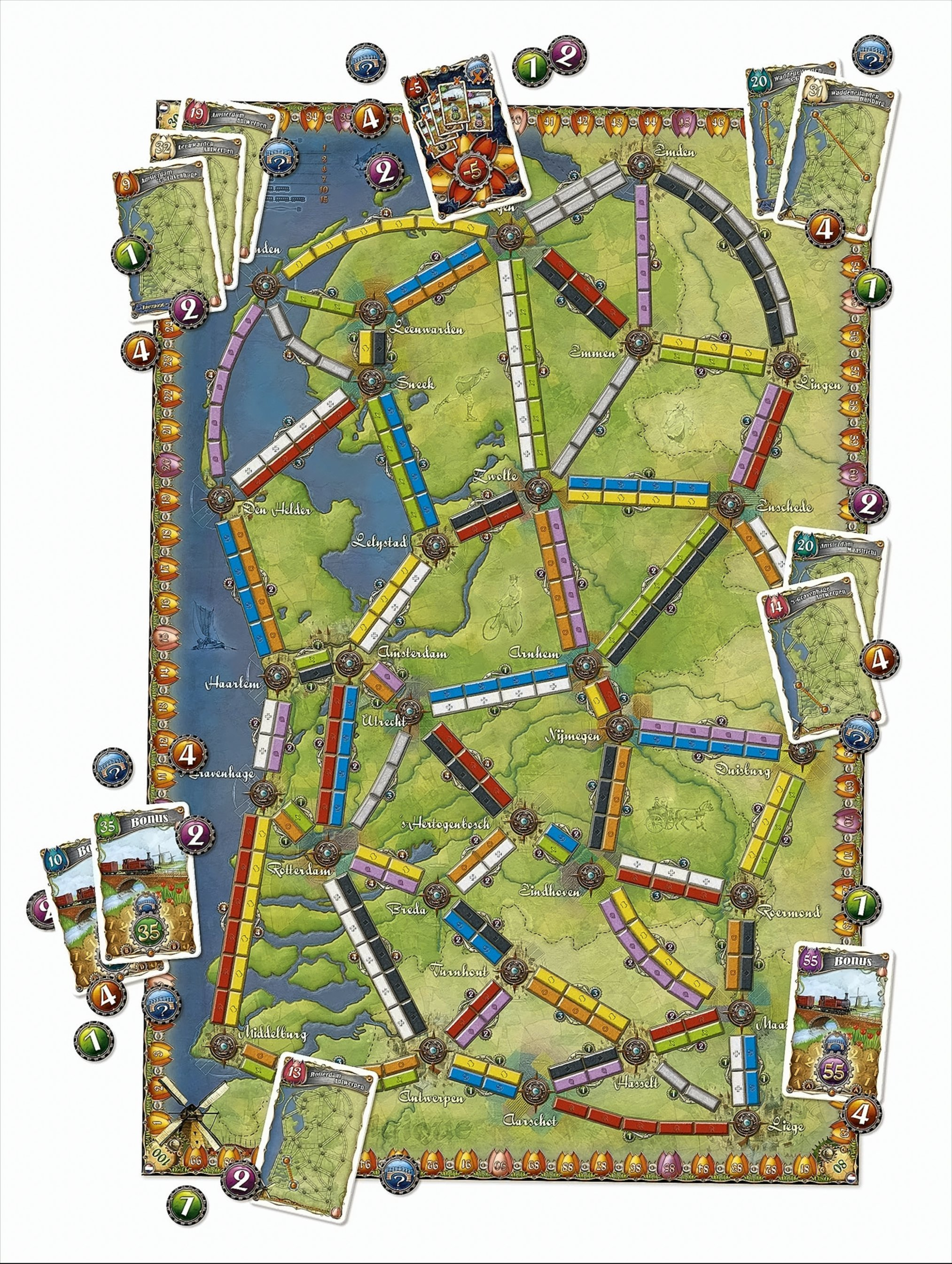 Ein Brettspiel-Karte. Die Karte zeigt ein Eisenbahnnetz in Europa. Karten und Teile sind vorhanden.