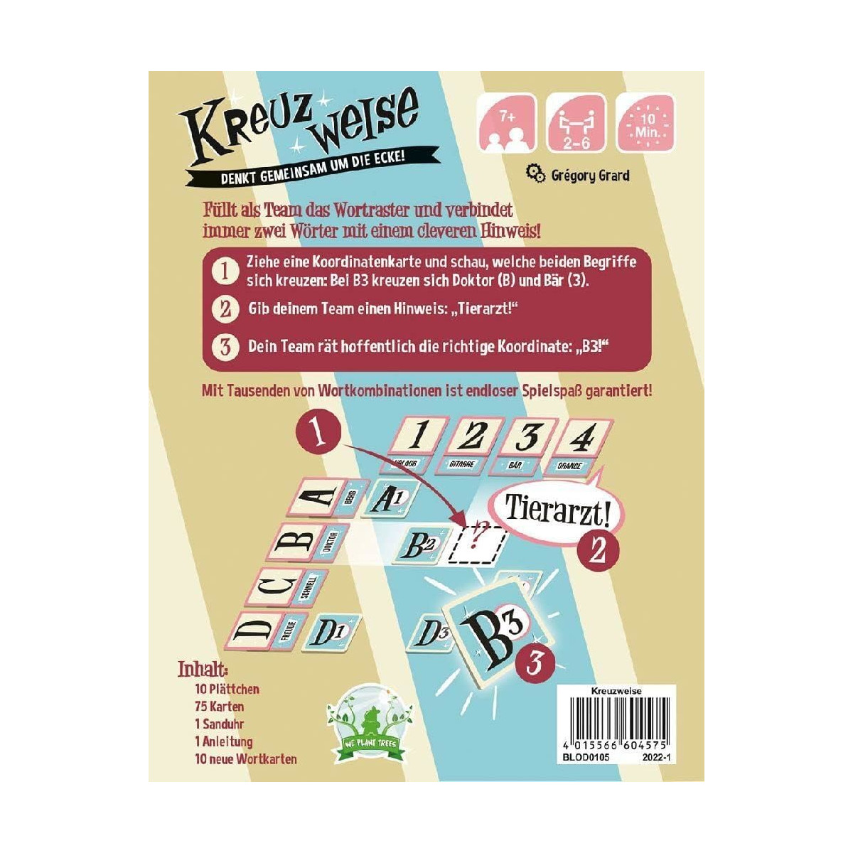 Brettspiel-Box zeigt ein Wortspiel mit Anweisungen und Spielkomponenten.