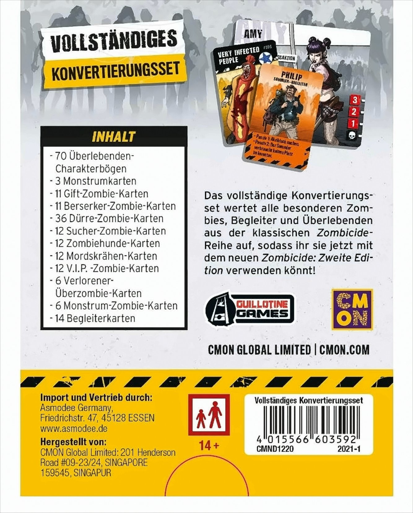 Die Rückseite einer Zombicide-Brettspielbox mit Spieldetails.