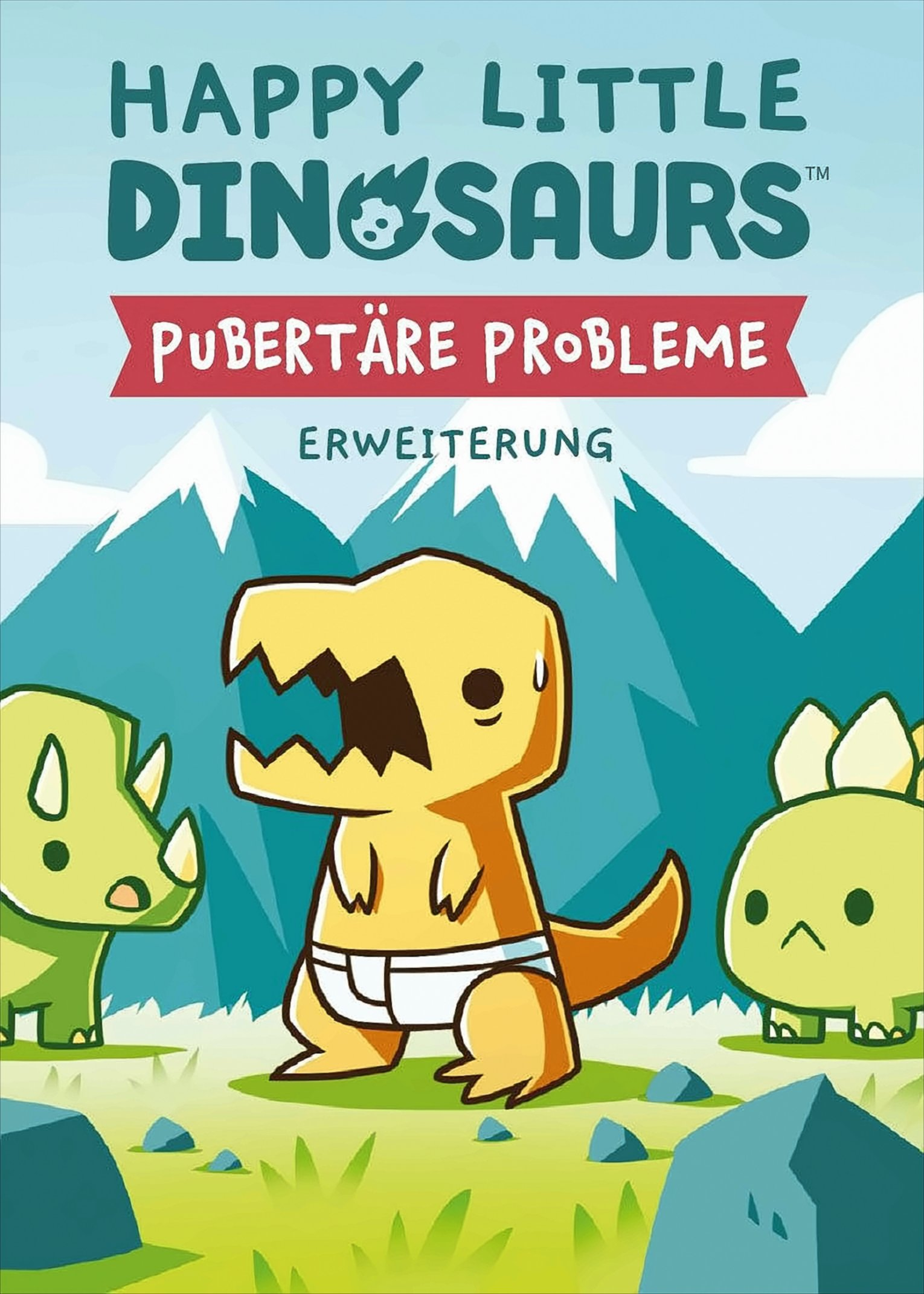 Schachtel eines Spiels mit dem Titel 'Happy Little Dinosaurs' mit Cartoon-Dinosauriern darauf.