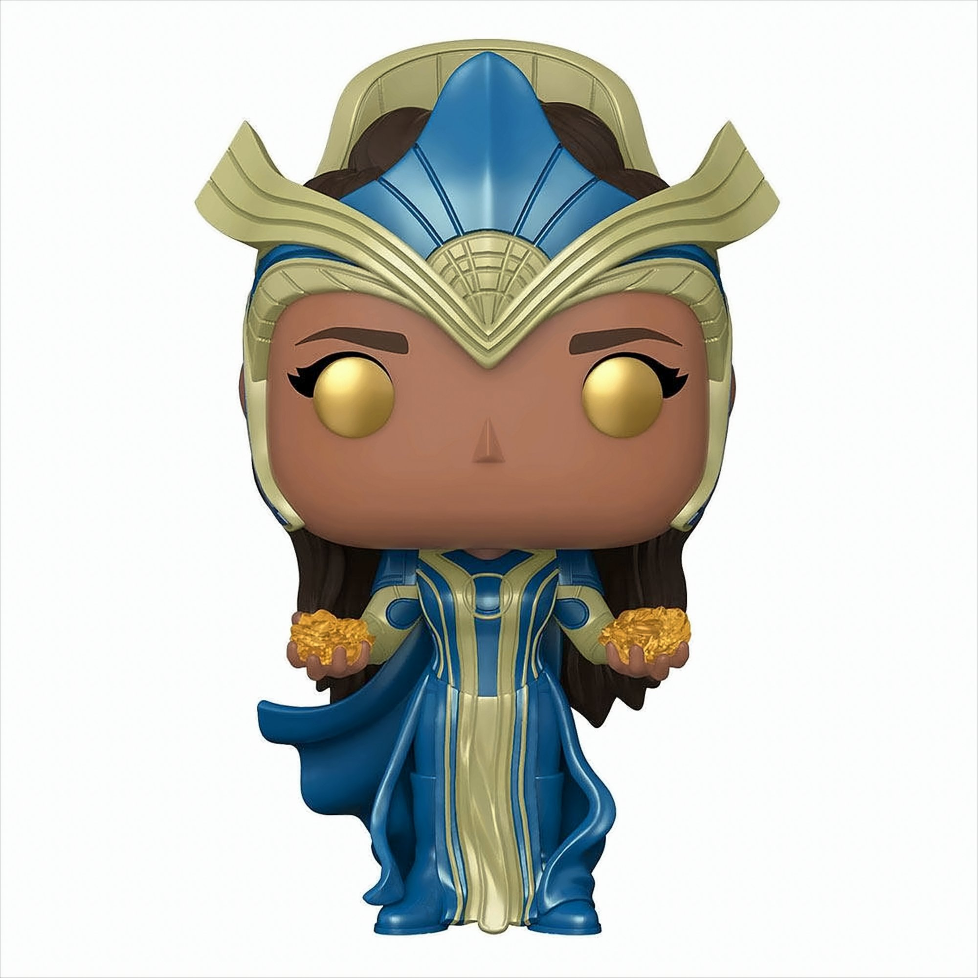 Funko Pop Figur eines weiblichen Superhelden in Blau und Gold. Hält Gold.