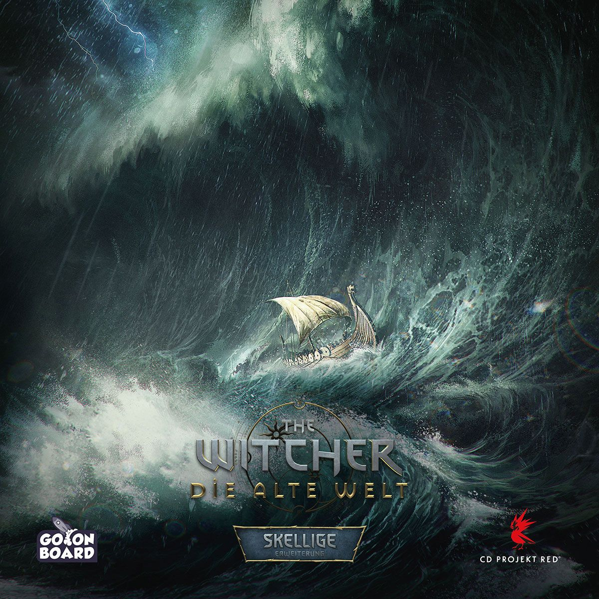 Witcher-Kartenspiel-Box-Art, ein Boot auf stürmischer See mit großen Wellen.