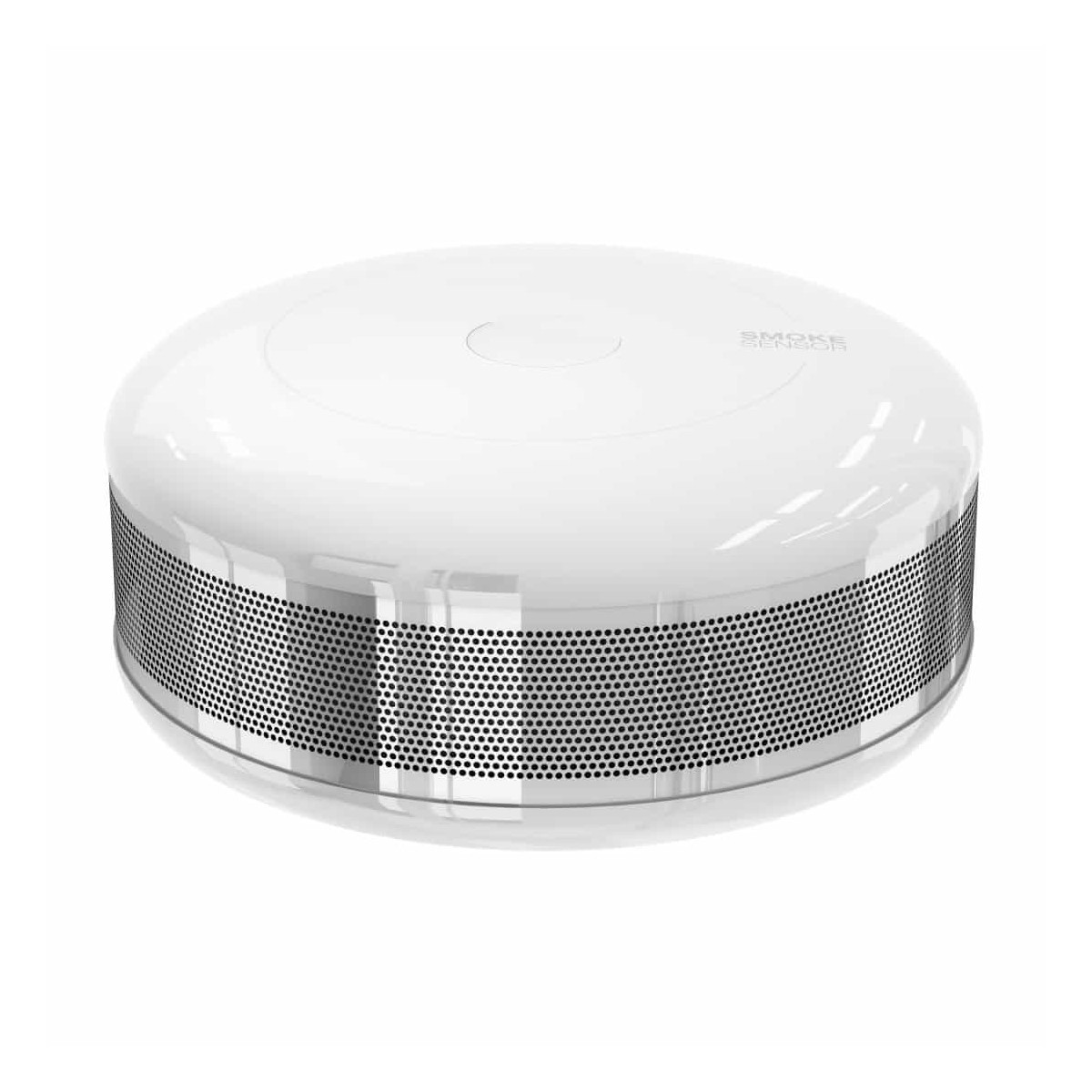Biała czujka dymu z perforowaną metalową krawędzią. Białe tło.