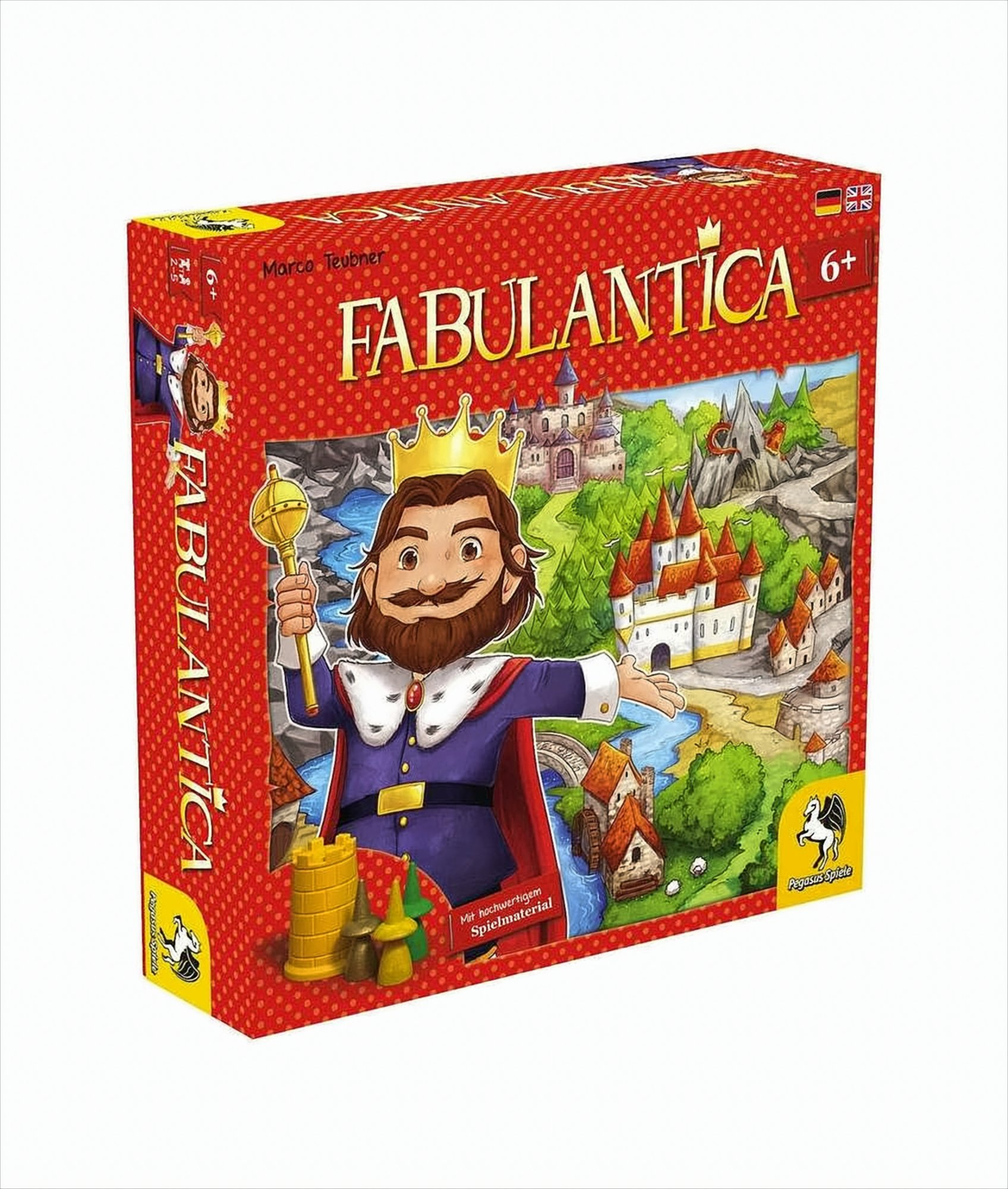 Fabulantica Brettspielbox, rot, mit einem König auf der Vorderseite und einem Schloss.