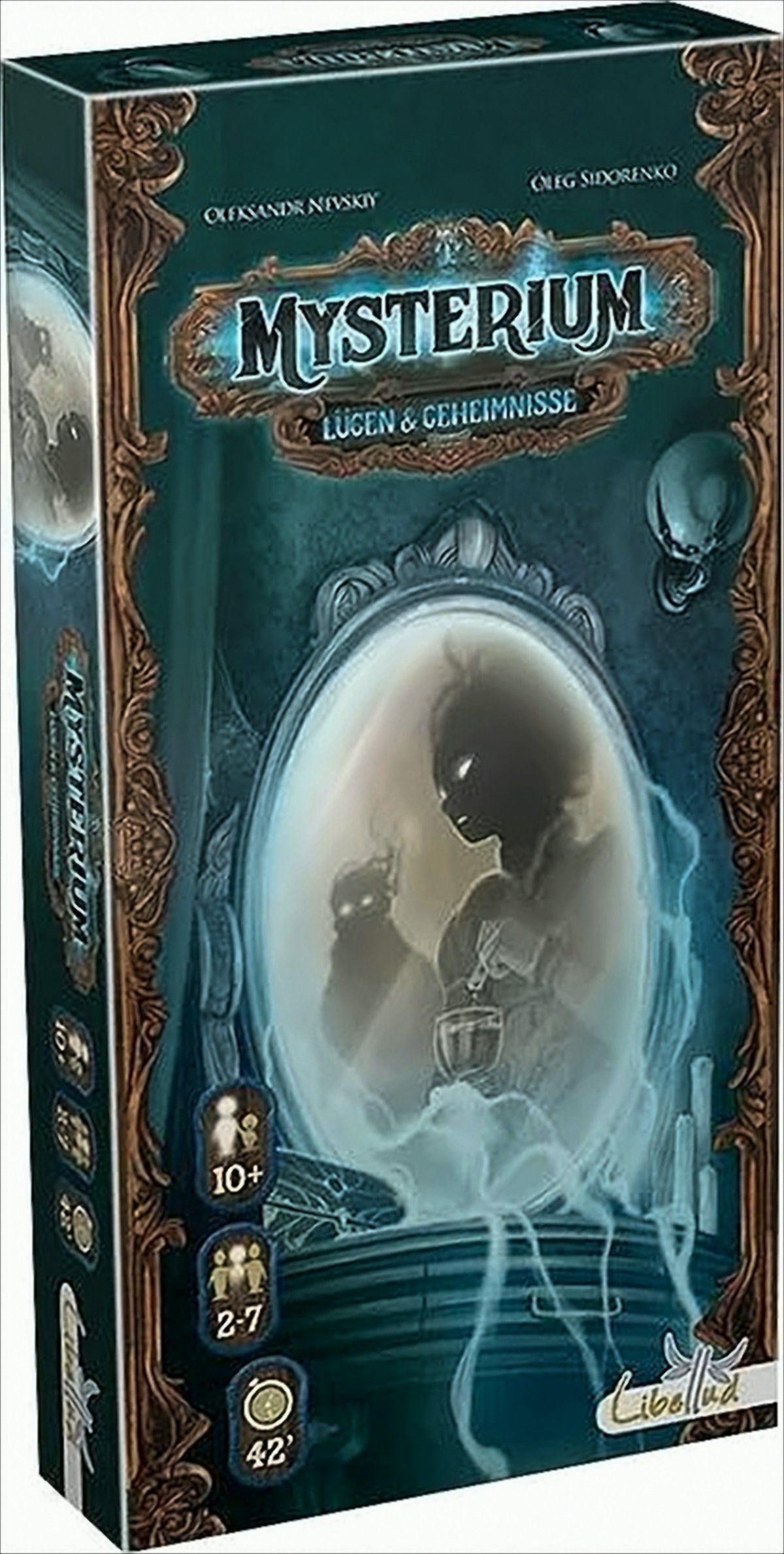 Spielbox mit dem Titel 'Mysterium', mit einer Person in einem Spiegel, in Teal- und Goldfarben.