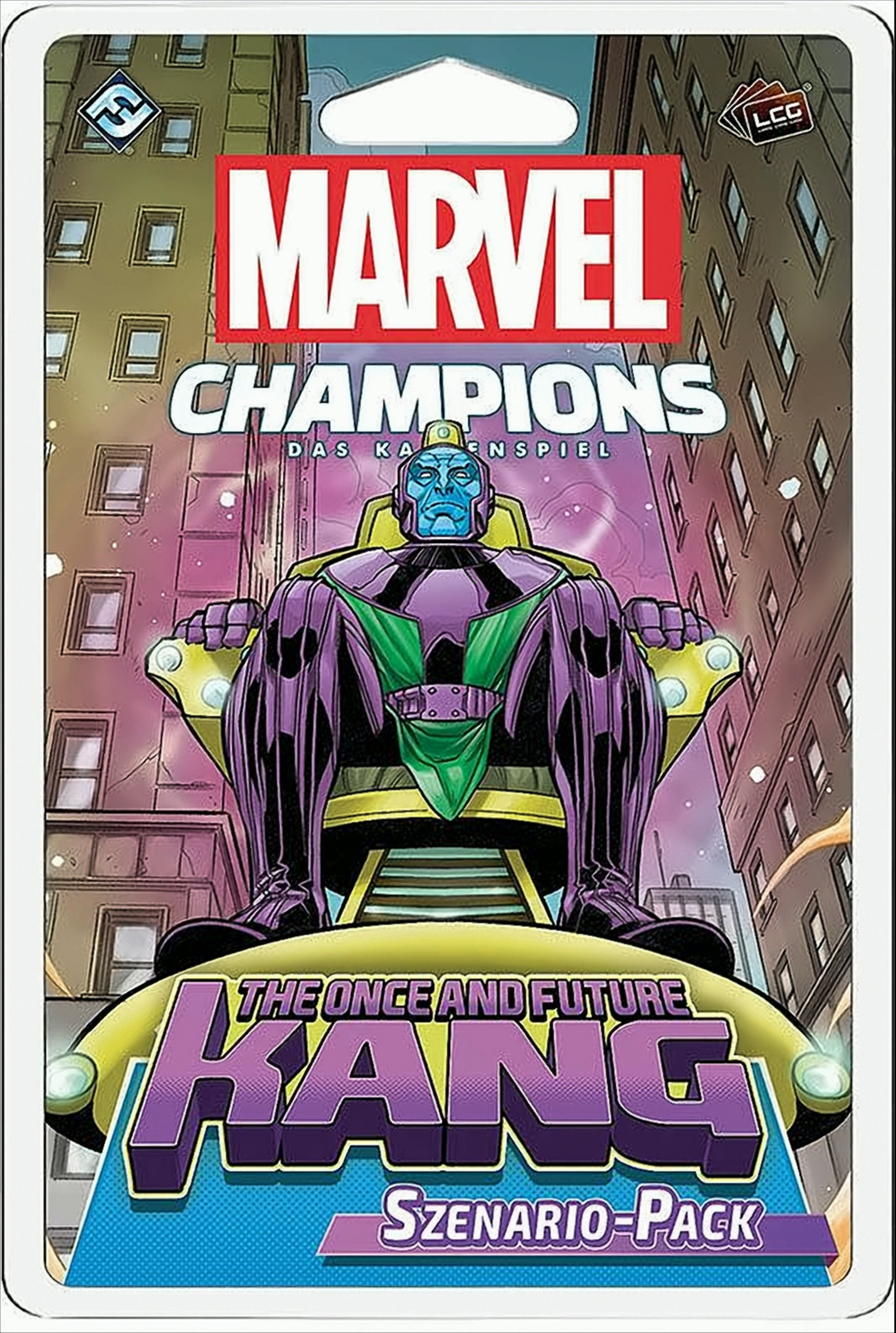 Paczka kart Marvel Champions z Kangiem. Fioletowy, siedzi z miastem w tle.
