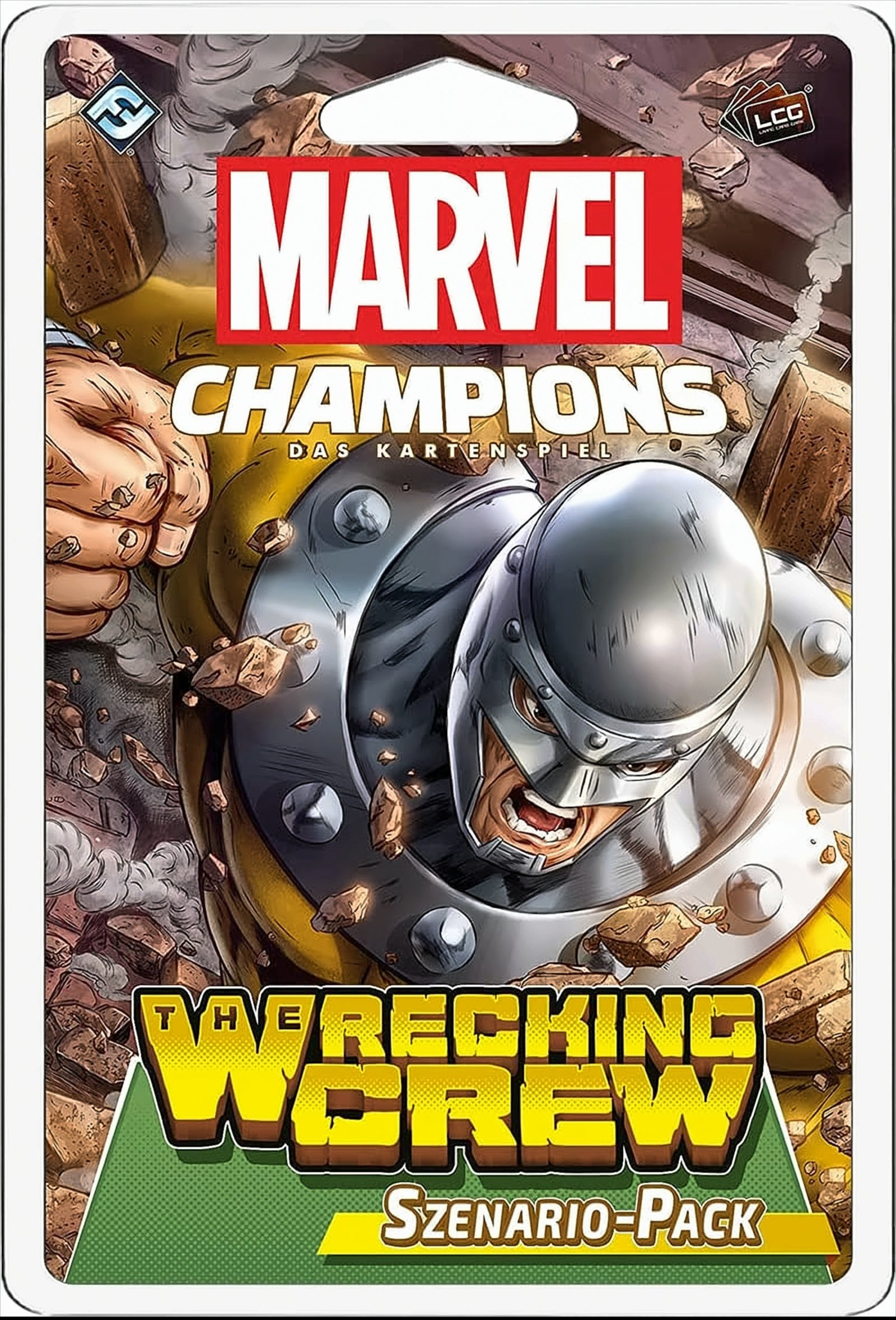 Marvel Champions Kartenspielbox. Zeigt ein Comic-Bild einer Figur. Gelbe und rote Farben.