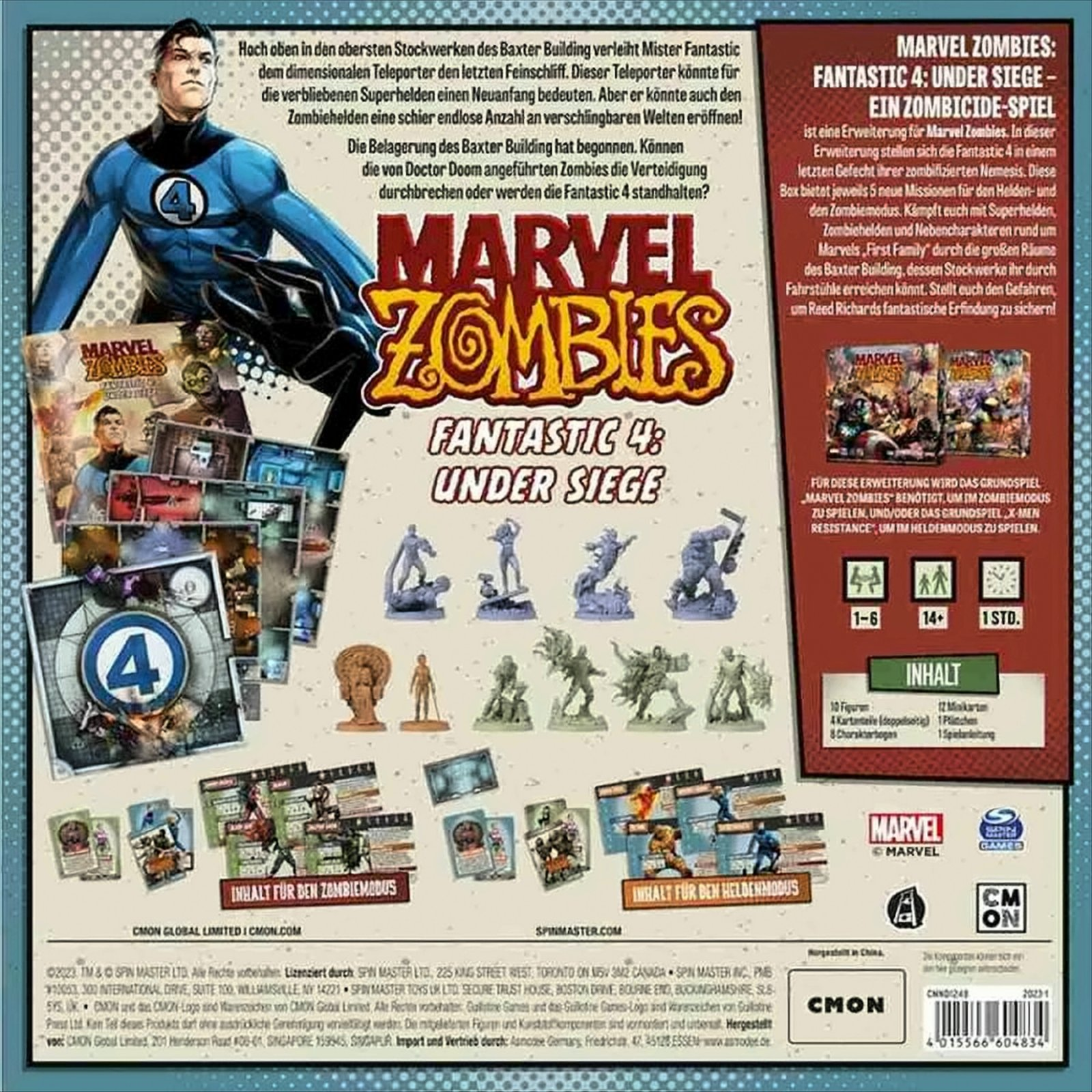 Marvel Zombies Brettspielbox mit Figuren und Spielkomponenten, Comic-Stil.