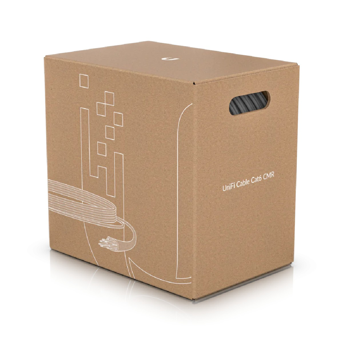 Una scatola di cartone con un'etichetta Unifi Cable Cat6 CMR. La scatola ha una maniglia laterale e un disegno sul fronte.