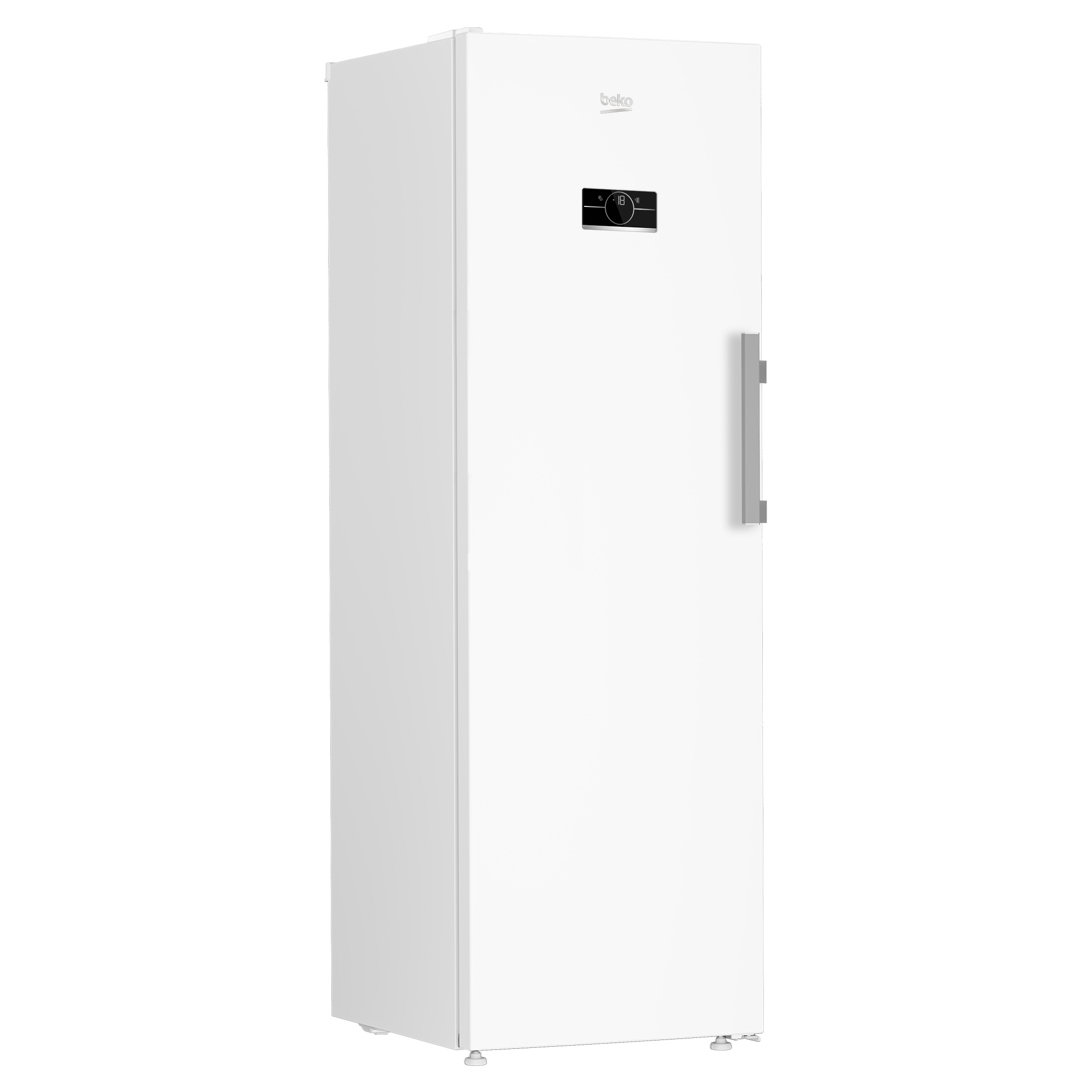 Congelatore Beko bianco, in piedi. Ha un display digitale della temperatura e una maniglia.