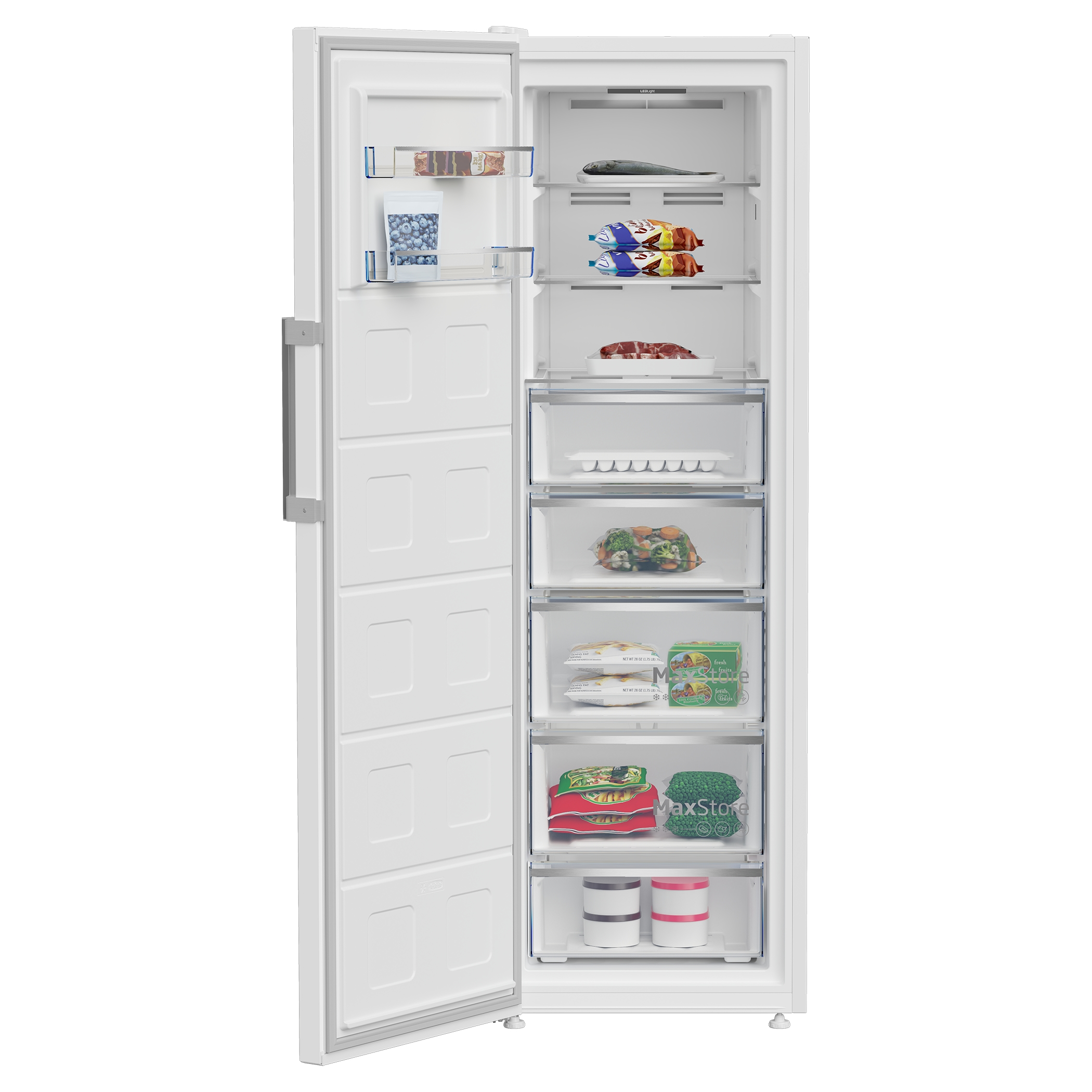 Congelatore bianco con porta aperta, che mostra ripiani con alimenti surgelati.