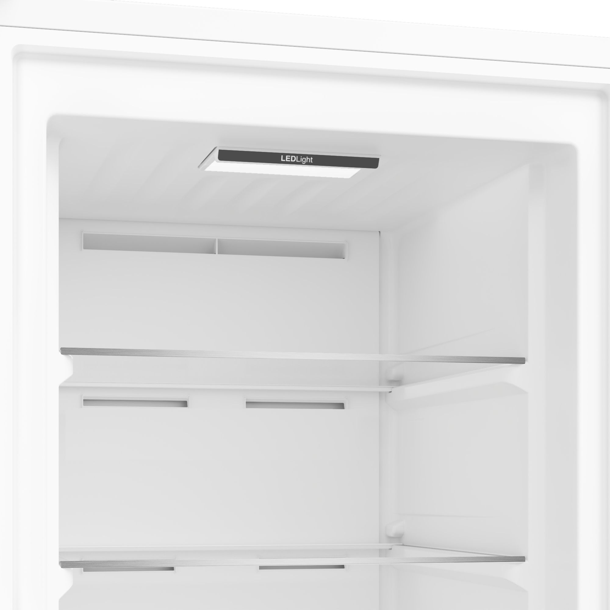 Interno del frigorifero bianco con ripiani e luce a LED.