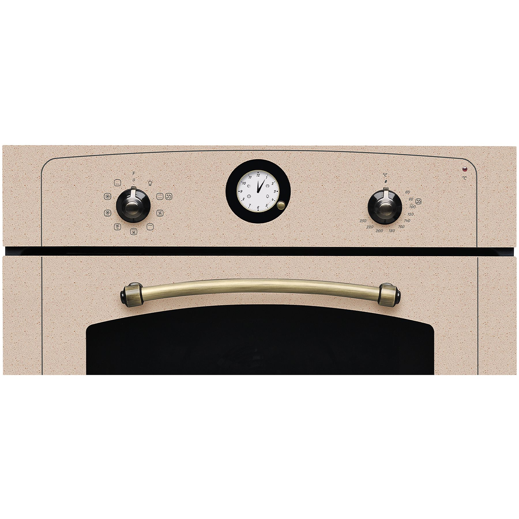 Forno beige con manopole, orologio e maniglia. Porta nera con interno scuro.