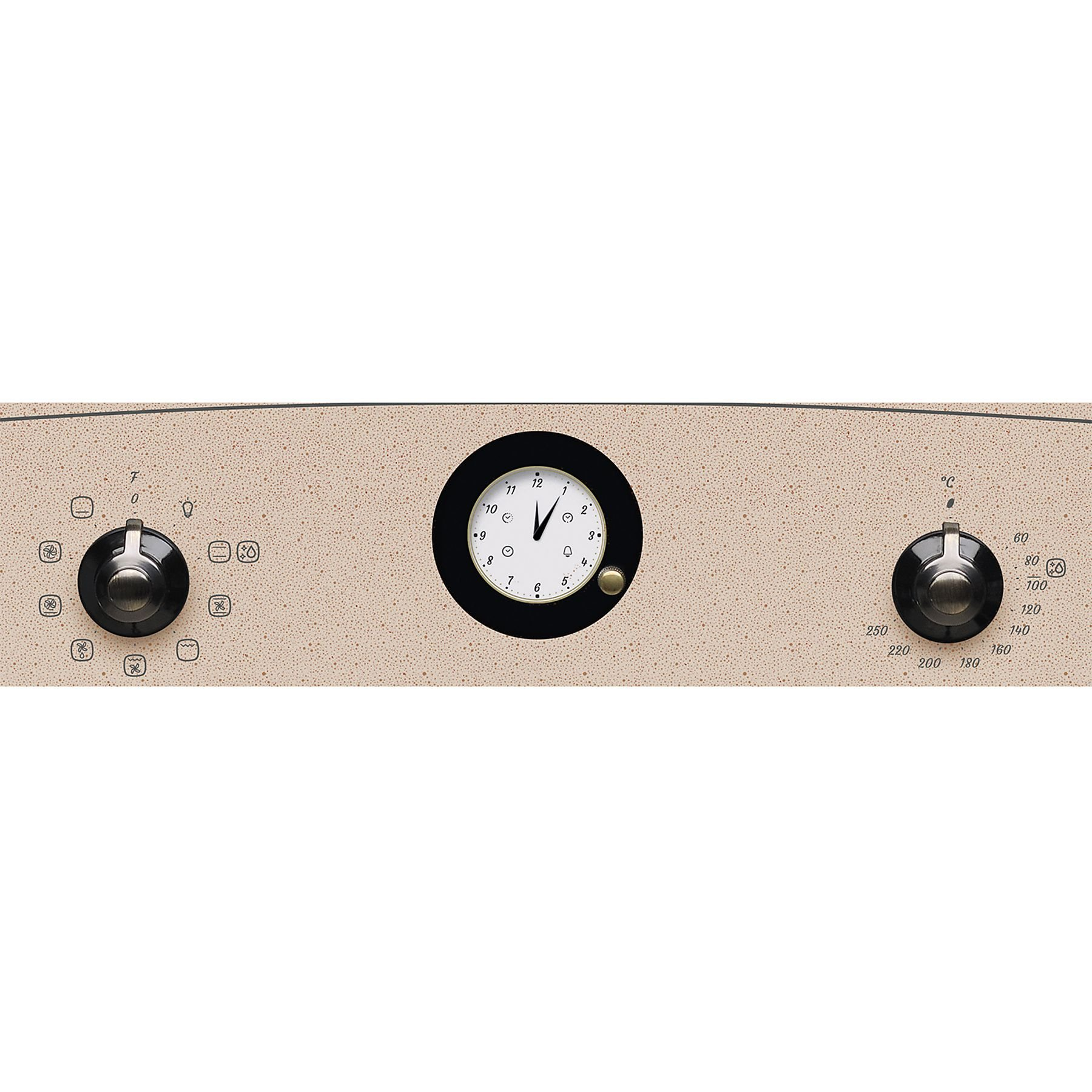 Pannello comandi forno con manopole, orologio e icone. Sfondo color crema.