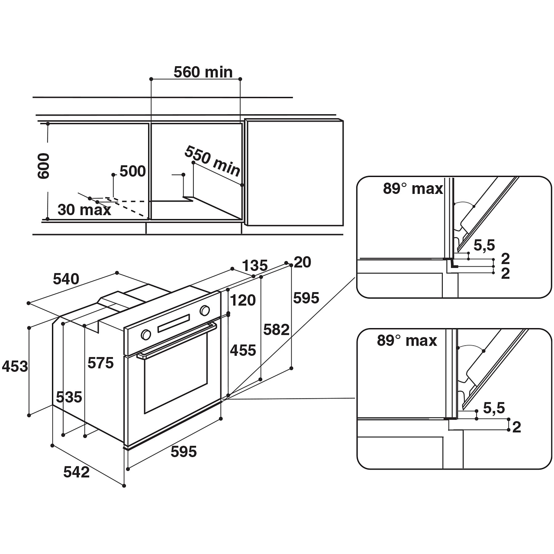 Schema di installazione del forno. Mostra dimensioni e requisiti di spazio per il posizionamento.