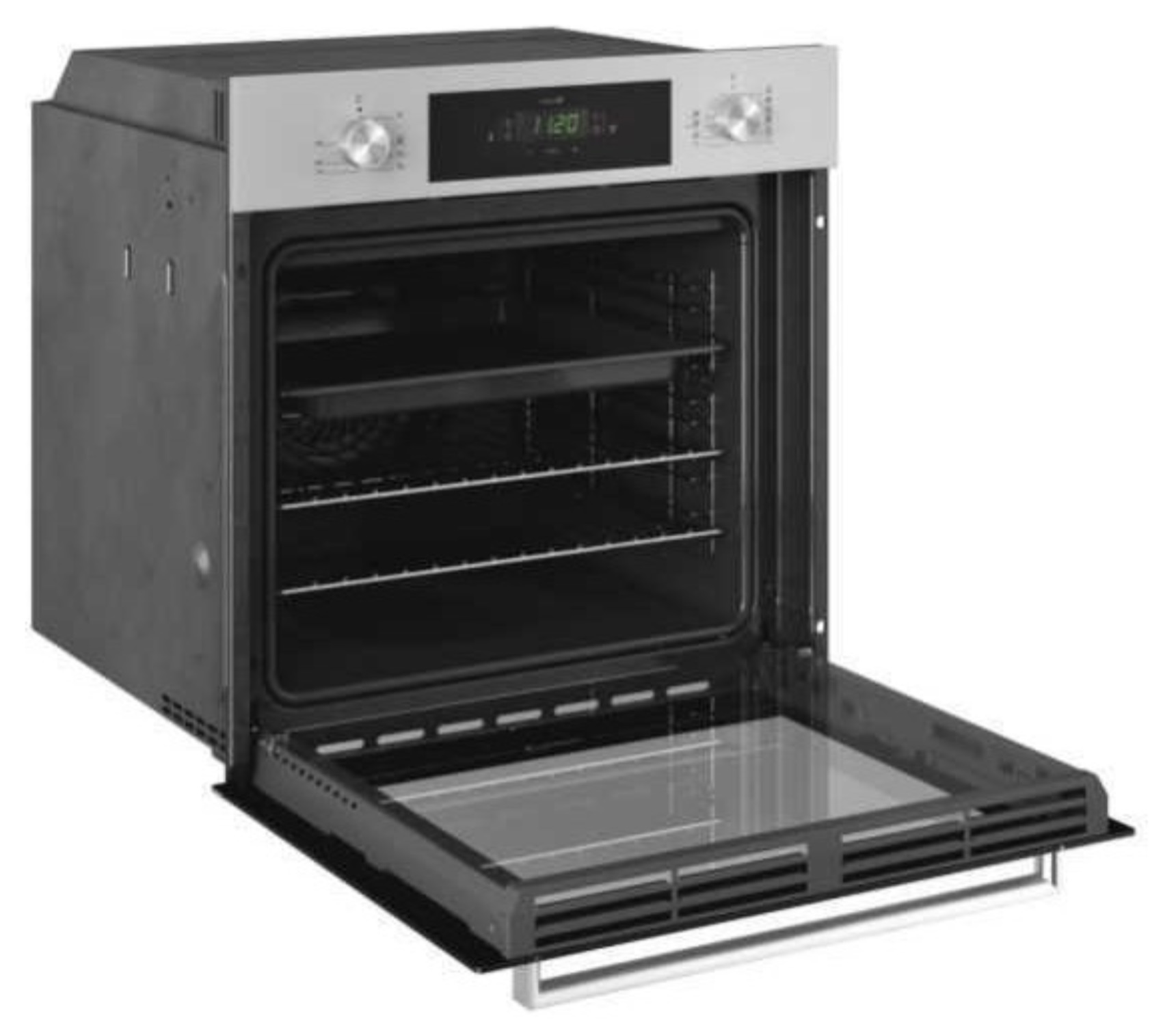 Forno a incasso con la porta aperta, che mostra ripiani e interno, con dettagli argentati.