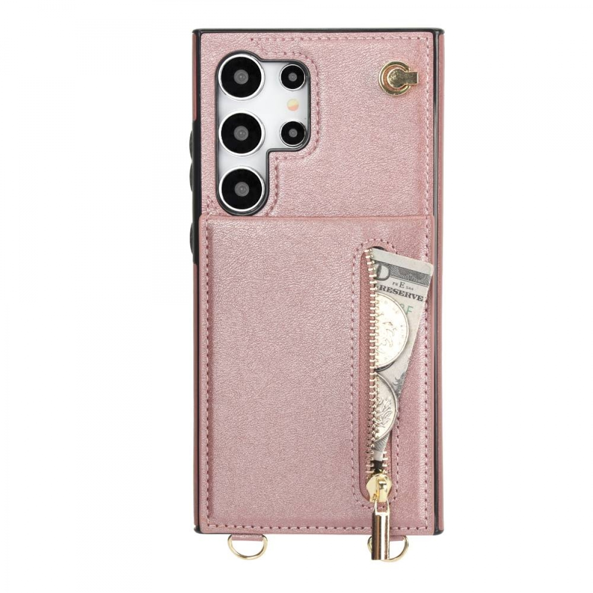 Rosa Handyhülle mit Geldbörse und Reißverschluss. Die Hülle hält ein Telefon und Bargeld.