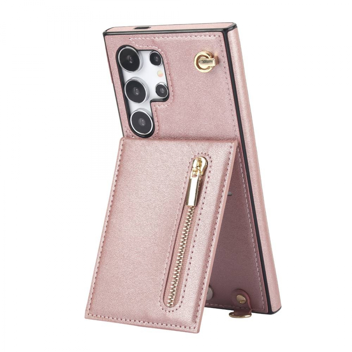 Rosa Handyhülle mit Kartenhalter und Reißverschluss. Das Telefon befindet sich darin. Goldfarbene Details.
