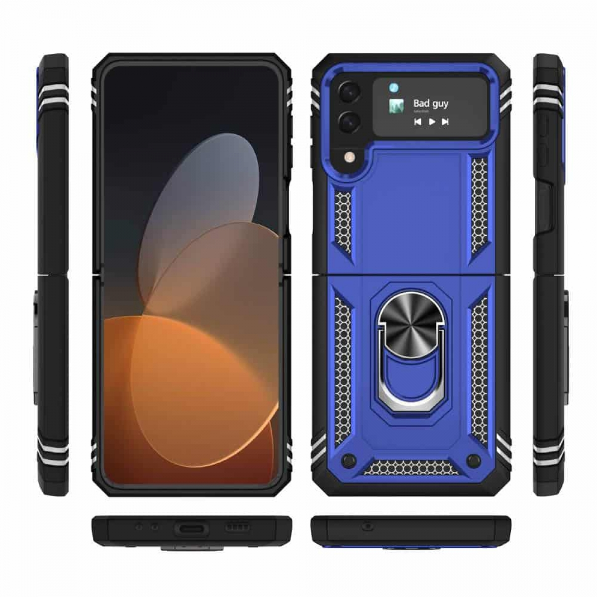 Ein faltbares Telefon in einer Schutzhülle, das den Bildschirm und die Rückseite mit einer blauen Abdeckung zeigt.