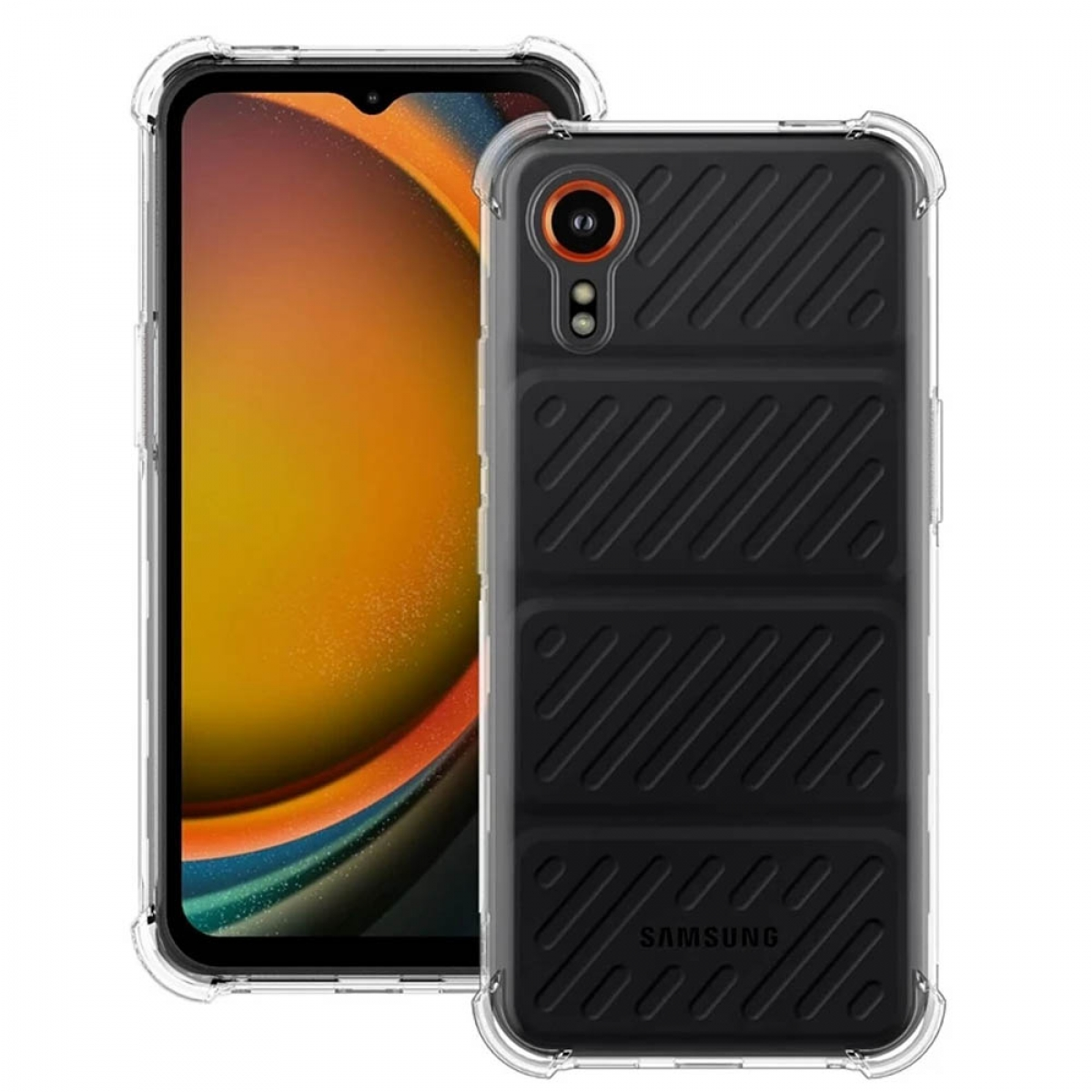 Schwarzes Telefon in einer transparenten Hülle. Das Telefon hat einen Frontbildschirm und eine Hülle auf der Rückseite.