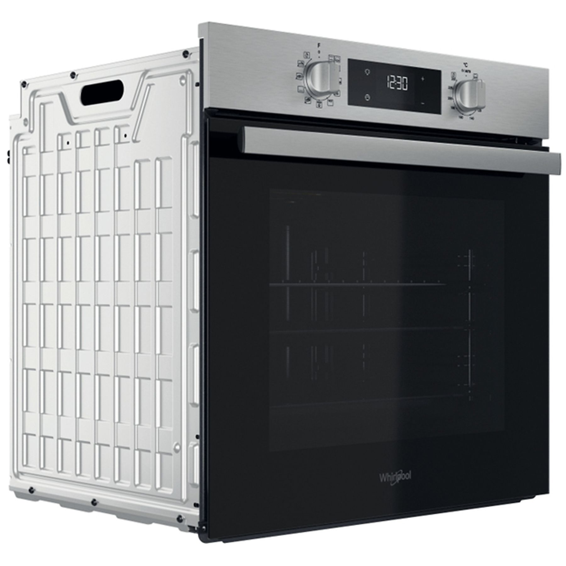 Vista laterale di un forno in acciaio inossidabile, parzialmente rimosso dall'alloggiamento, con display dell'orologio digitale.