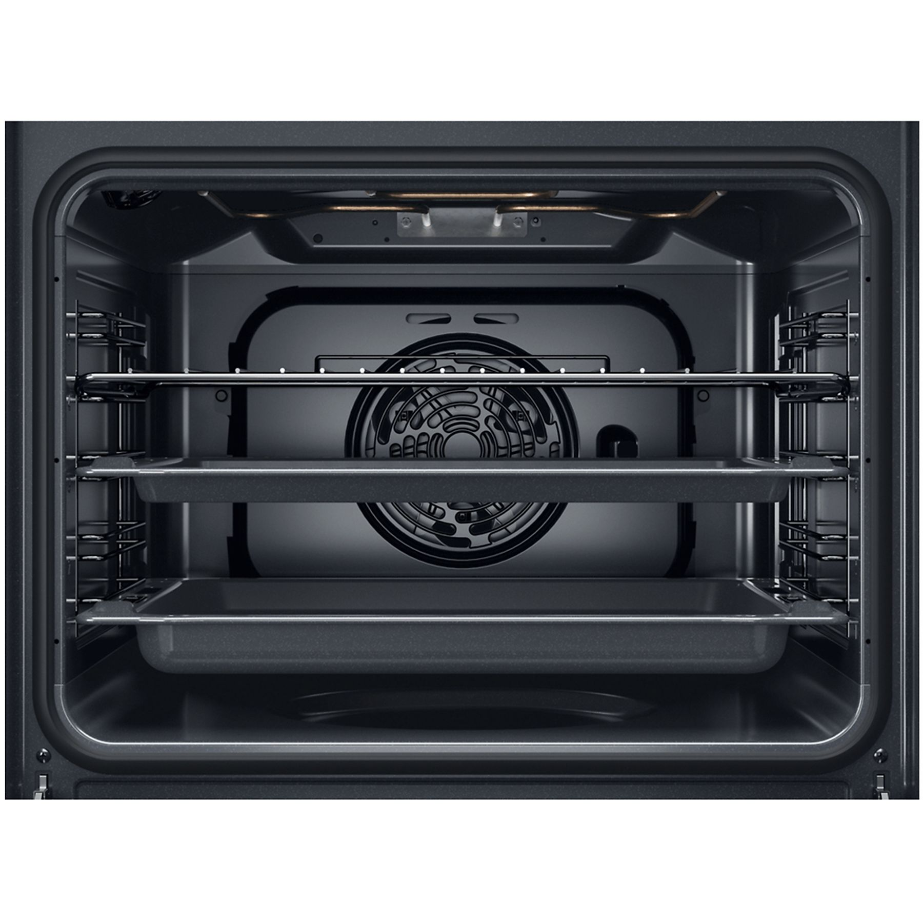 Interno di un forno con griglie e elemento riscaldante sul retro.
