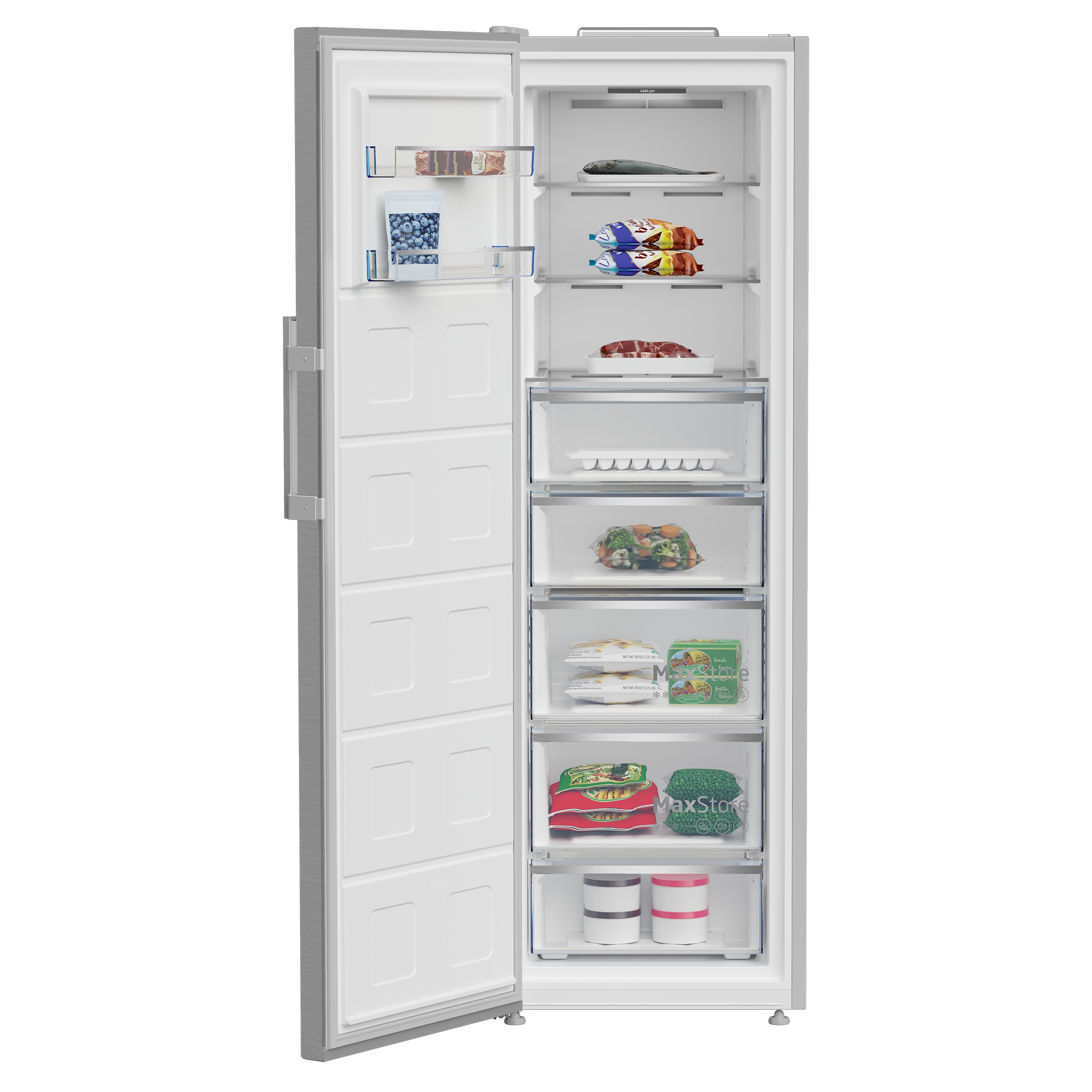 Koelkast met open deur met planken met diepvriesproducten, wit interieur.