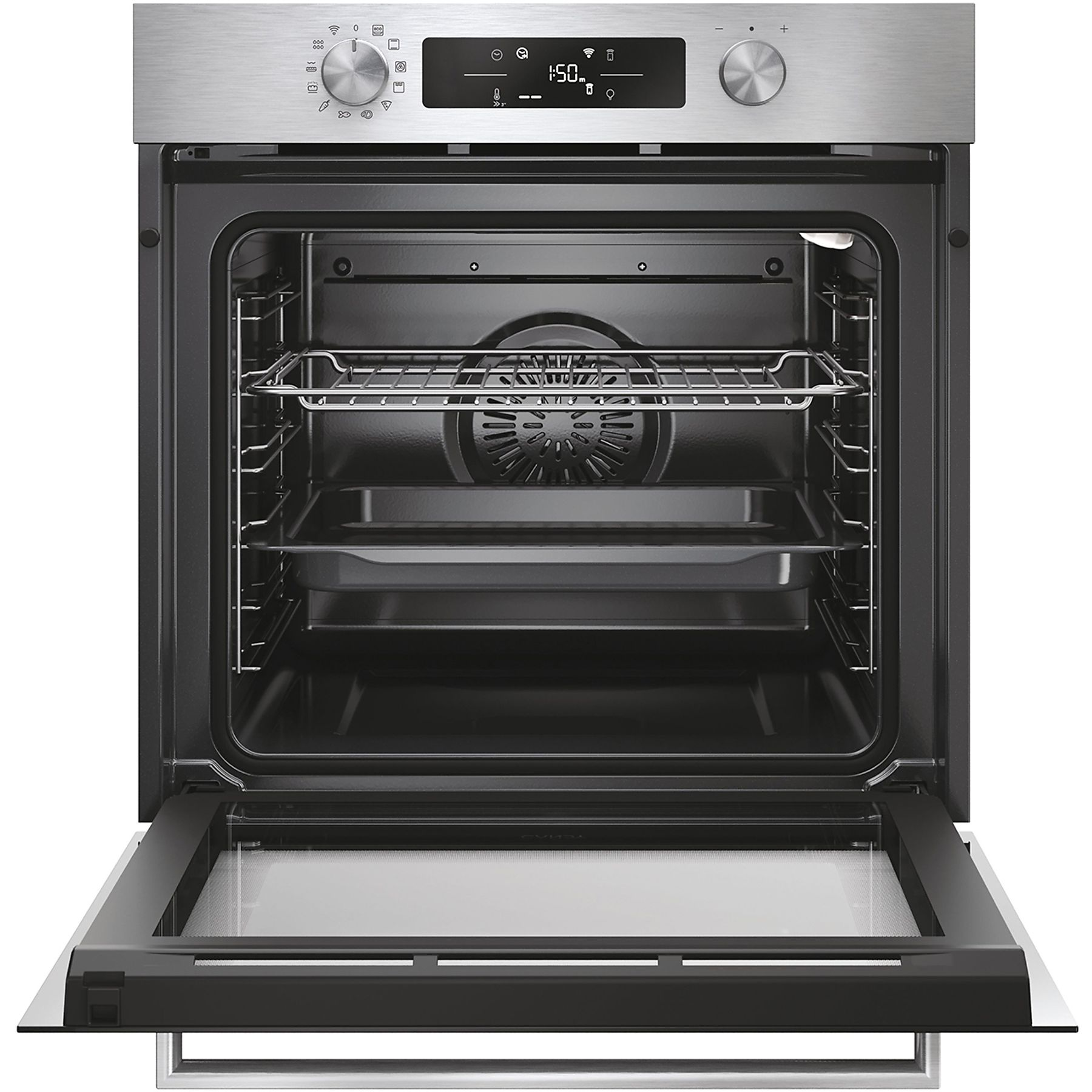 Un horno de acero inoxidable abierto con rejillas y pantalla superior.