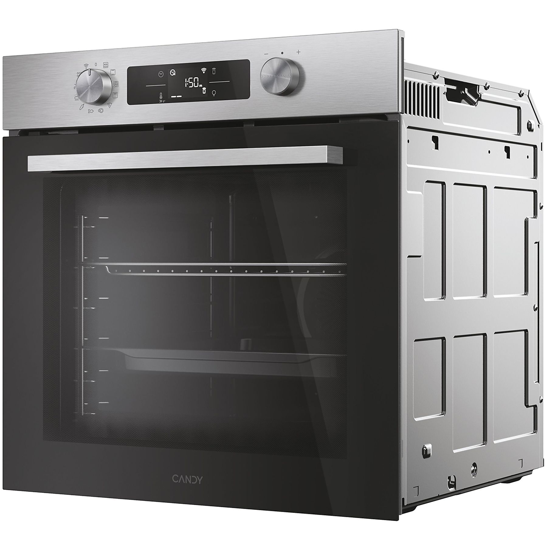 Horno Candy con puerta negra, panel superior de acero inoxidable y puerta abierta.