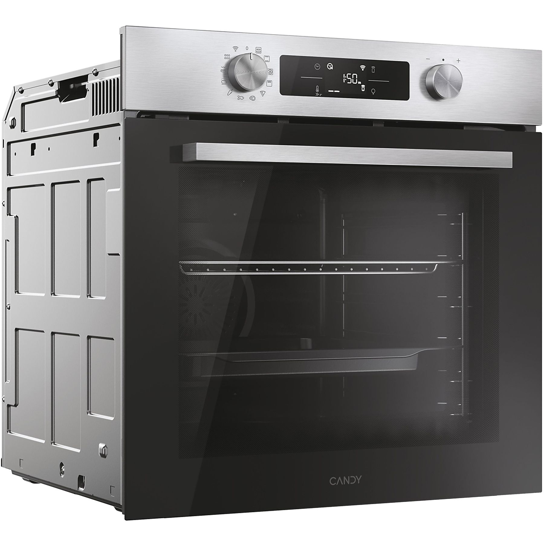 El interior de un horno, mostrando rejillas, un ventilador y una luz.