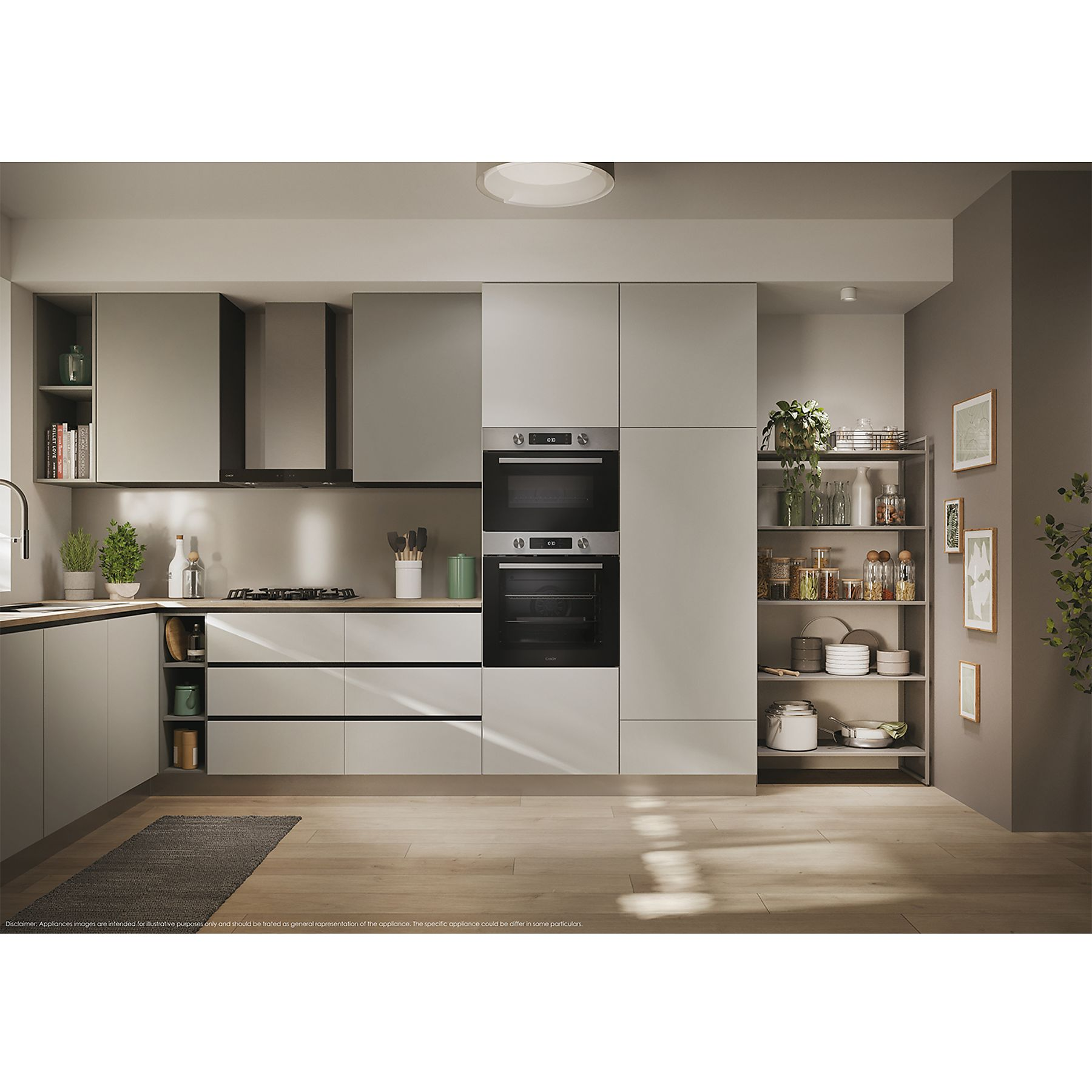 Cocina moderna con gabinetes grises, horno, estantes y piso de madera. Incluye plantas, platos y varios artículos de cocina.
