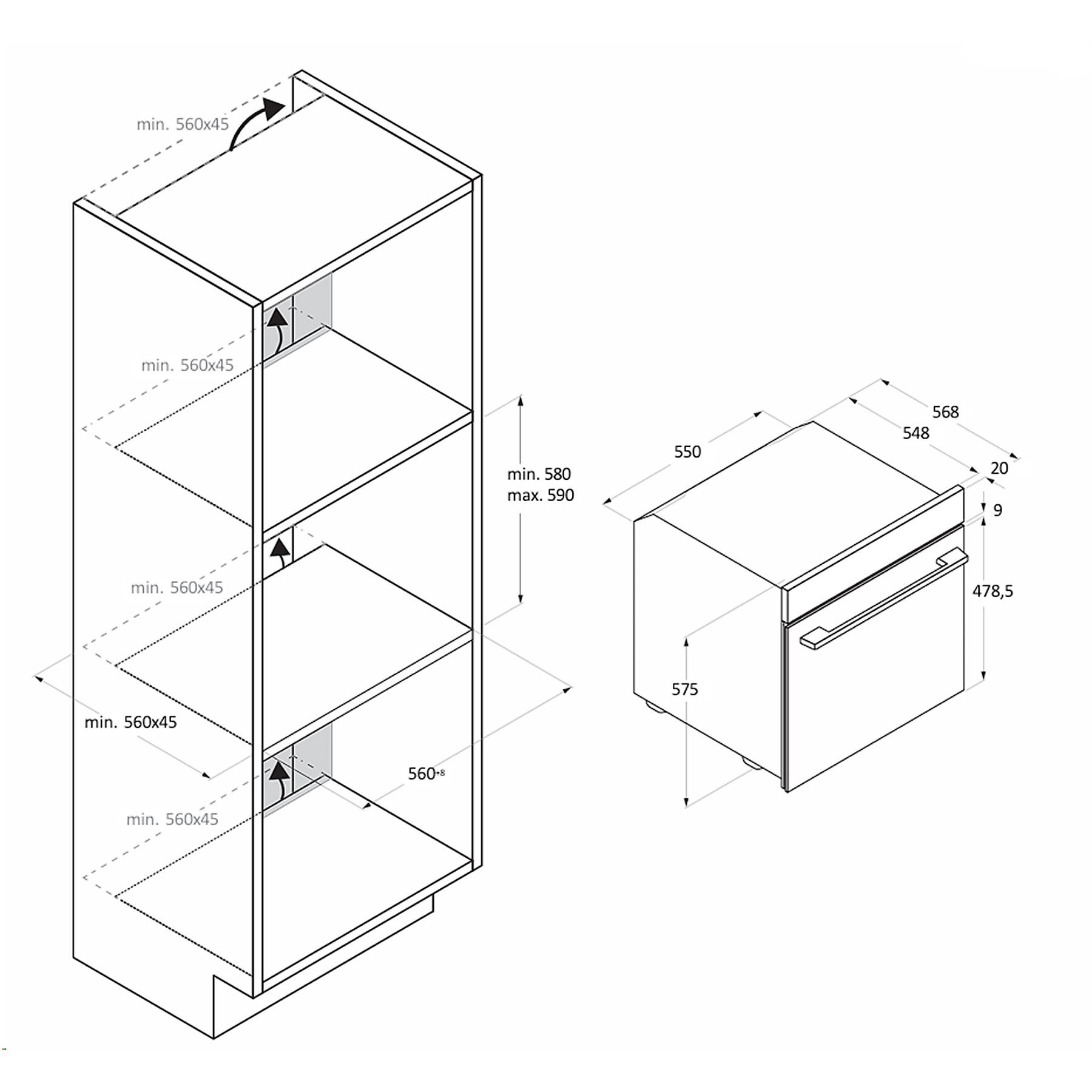 Un horno con puerta negra y panel de control plateado. Está integrado en un armario.