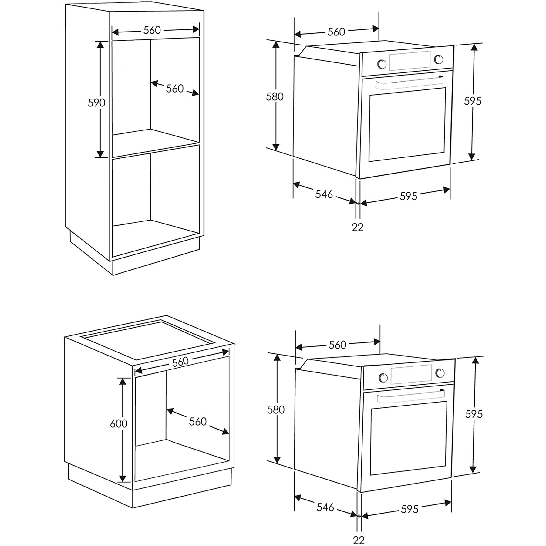 Disegni tecnici di forni/mobili da cucina con dimensioni in linee nere.