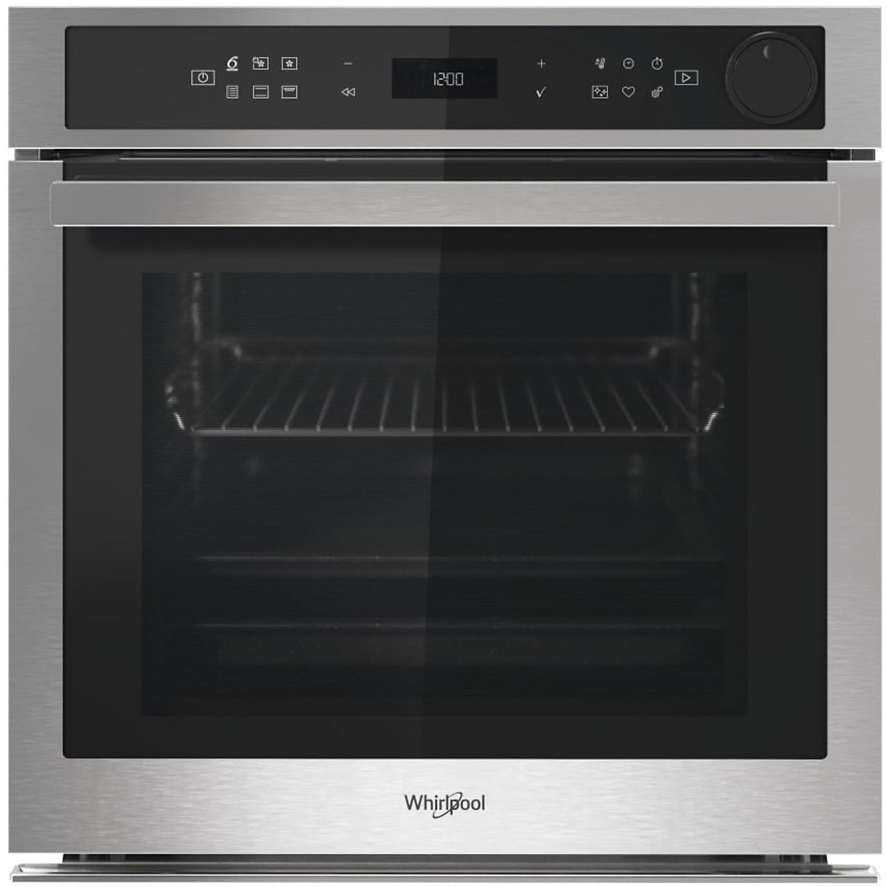 Forno Whirlpool in acciaio inossidabile con porta a vetro chiusa, display digitale e manopole.