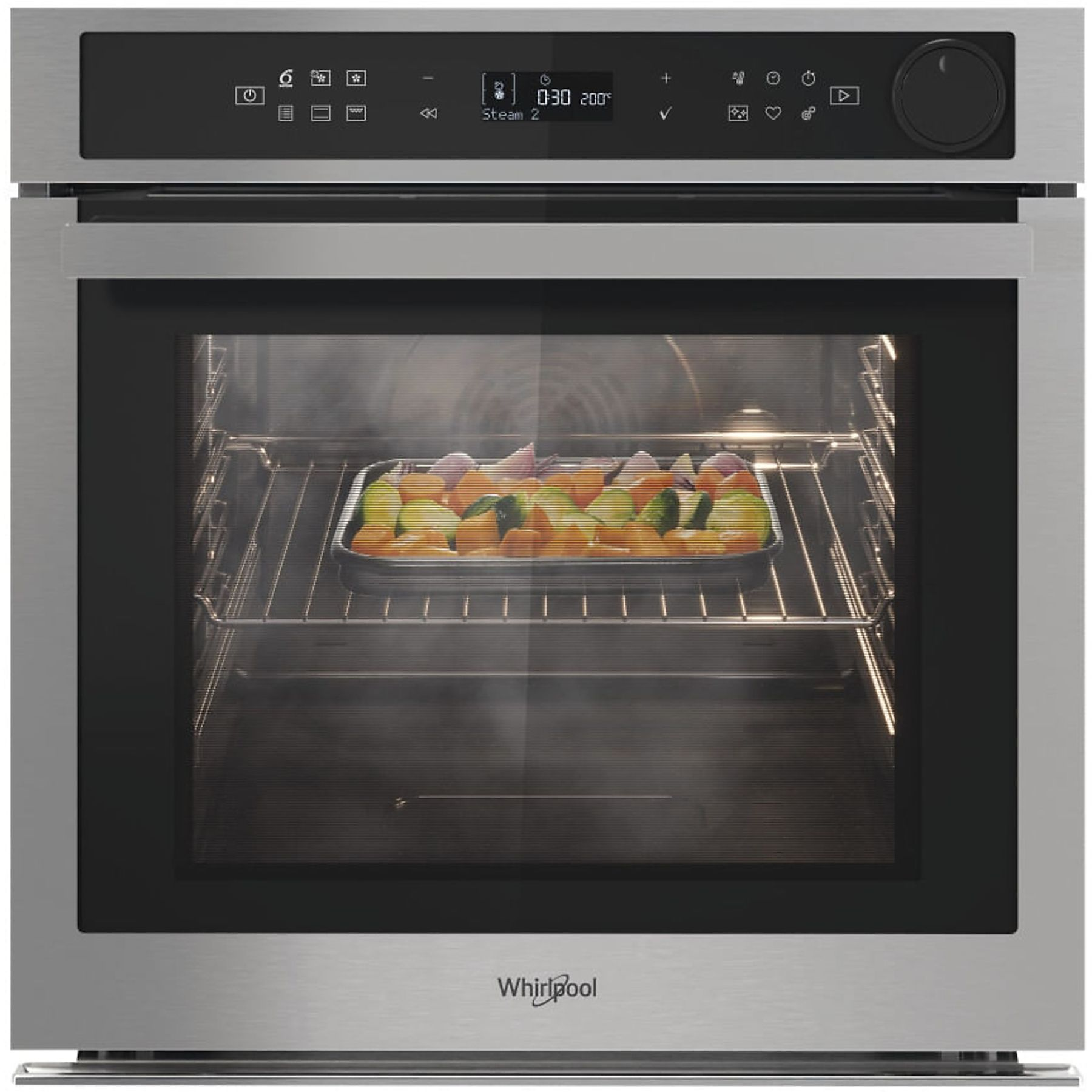 Un forno aperto in acciaio inox con cibo dentro, vapore visibile e display.