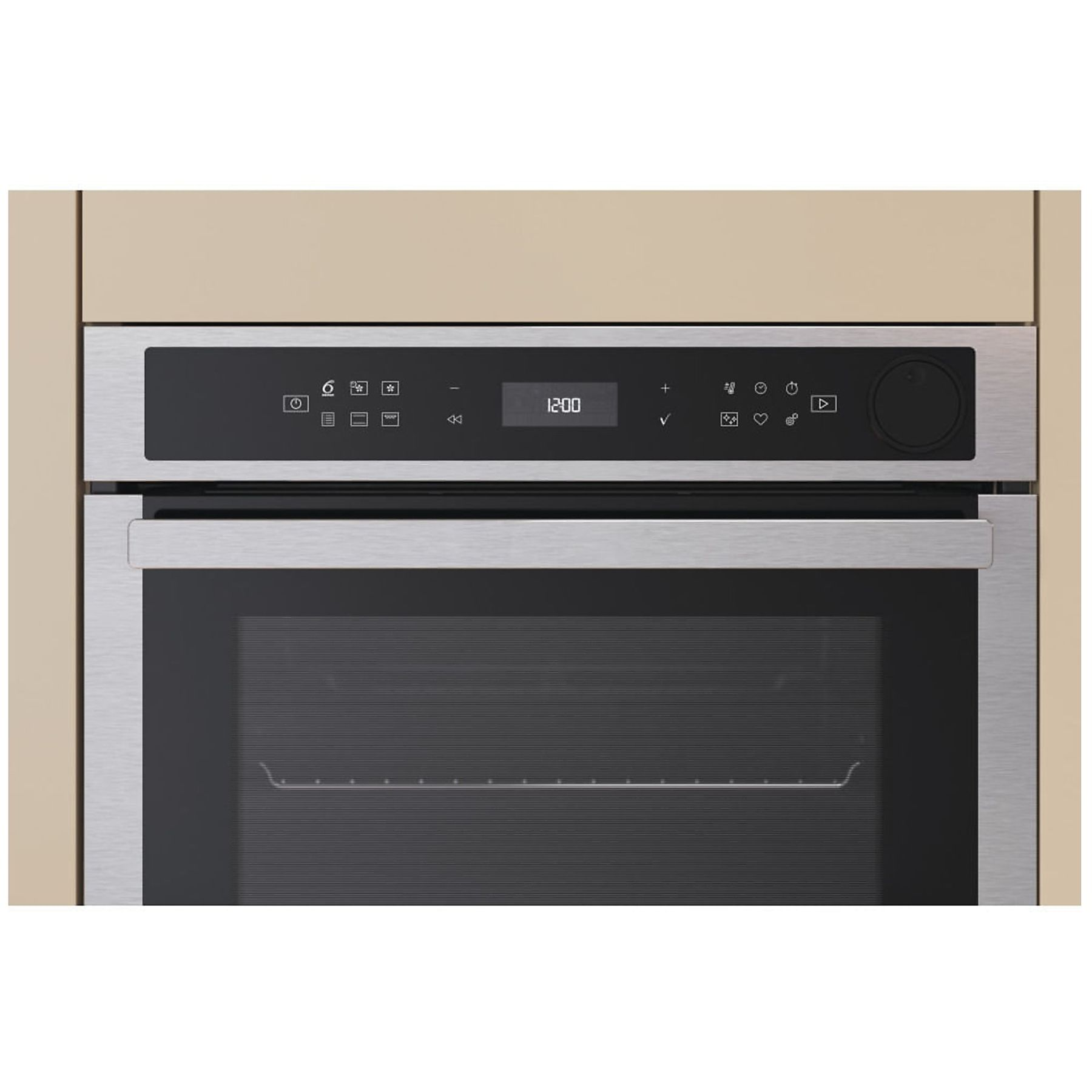 Forno in acciaio inox integrato in un mobile beige chiaro.