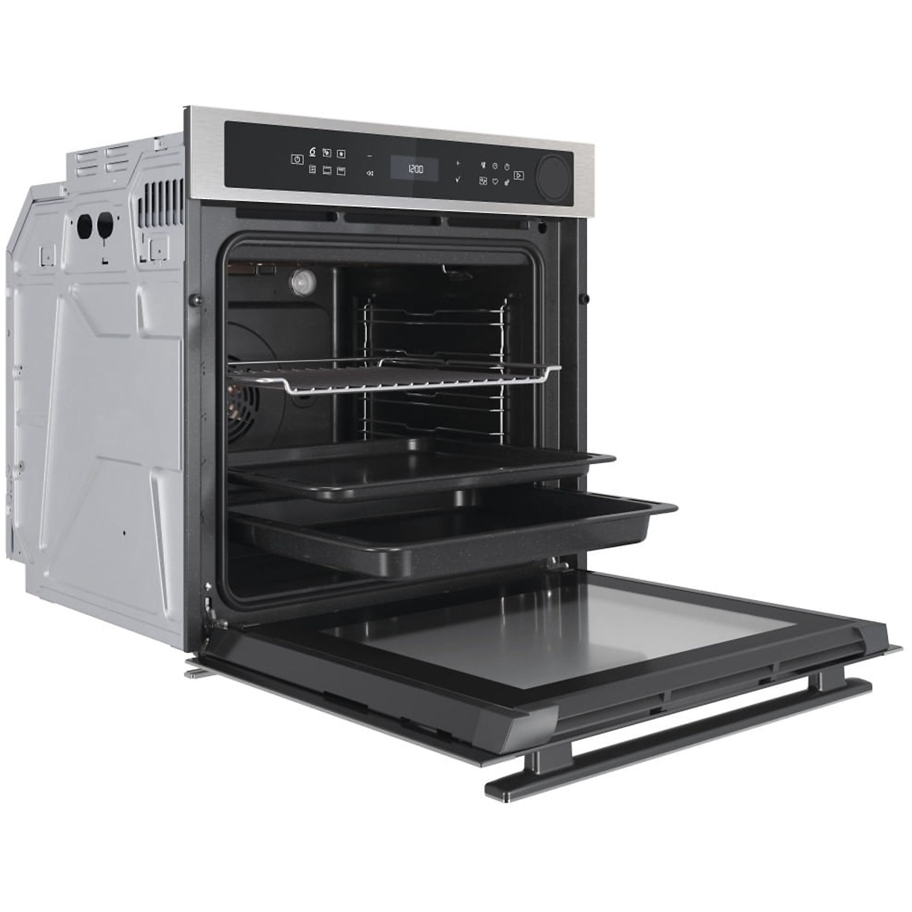 Forno con porta aperta, che mostra vassoi e interno.