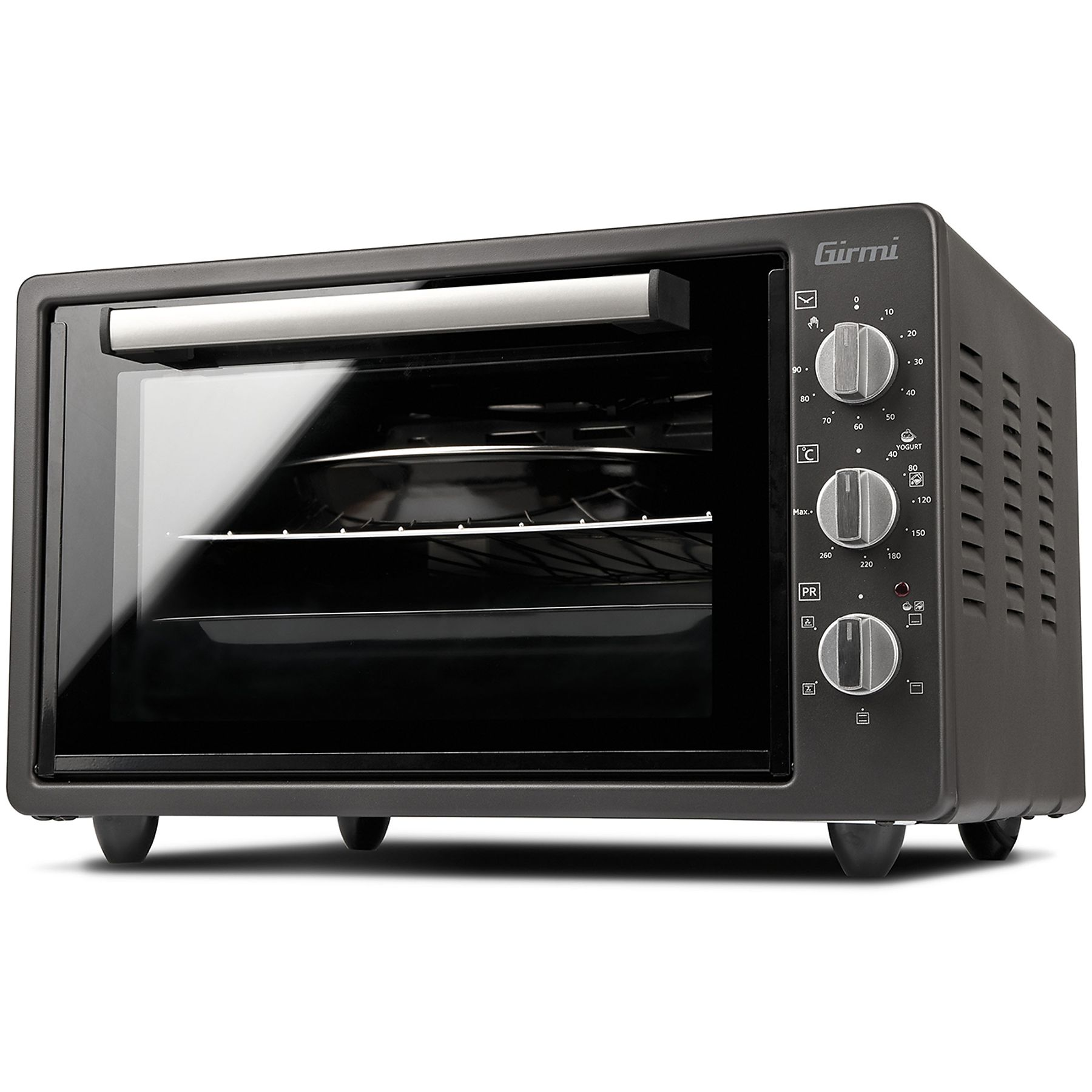 Un pequeño horno Girmi negro con controles y una puerta de cristal. La parte frontal tiene diales y un asa. Los lados están ventilados.